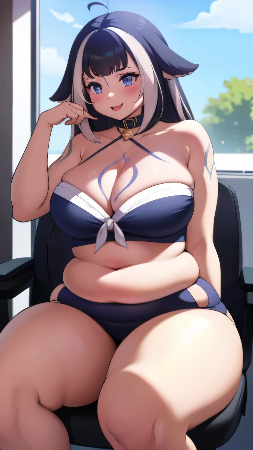 Shylily, 1 woman, teasing. sitting on office chair. chubby belly. wide hips, thick thighs. black with golden lining clothes. 