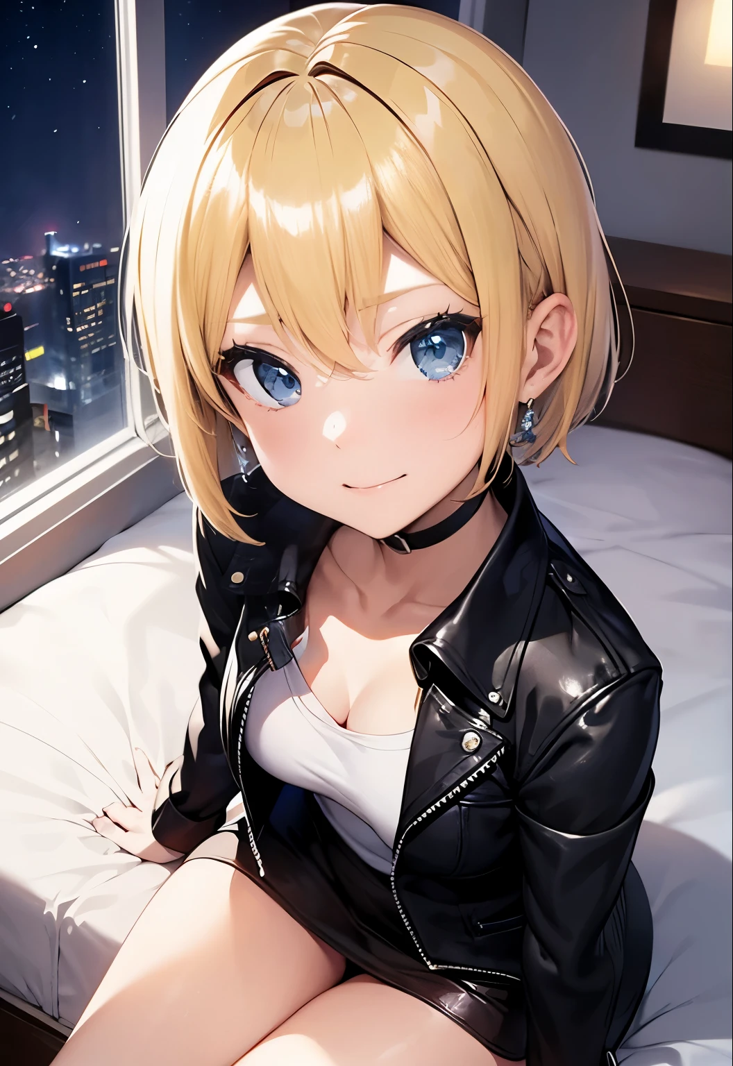 High resolution, 2D anime style,,Blue eyes beautiful eyes,high and beautiful nose,thin face,blonde boyish short hair,cool woman,beautiful earrings,beautiful clock,chest is a little big,she looks very sleepy,She is smiling a little,bite'lips,blush,she narrows her eyes, she is biting her nails,Fashion that shows off your stomach,she is wearing a black leather jacket.,,sitting on the bed,bedroom at night