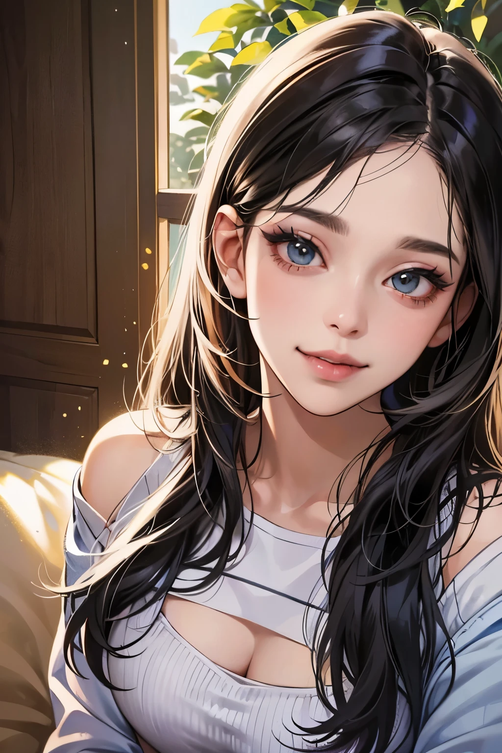 (table top, digital art, digital illustration, 4k, 8k, Super detailed, beautiful images, clear image, realistic, RAW photo, perfect face, perfect lines, perfect eyes, soft lighting) ,1 female, (long black hair,straight hair,bullish look,Beautiful woman,grace,Make up well,23 years old,:1.3),Two handsome men in suits, (human,muscular,solid shoulder width, human,boyish hairstyle,English gentleman'Style,A man in his 30s with a cool expression,28 year old man with a bright smile:1.2),Show your white teeth and smile(embarrassing,shy smile:1.1),garden full of light、Squirting、resort sofa、colorful flowers、innocent smile,smile、couple kissing、kiss、the kiss、romance、please lie down on the bed、fall asleep