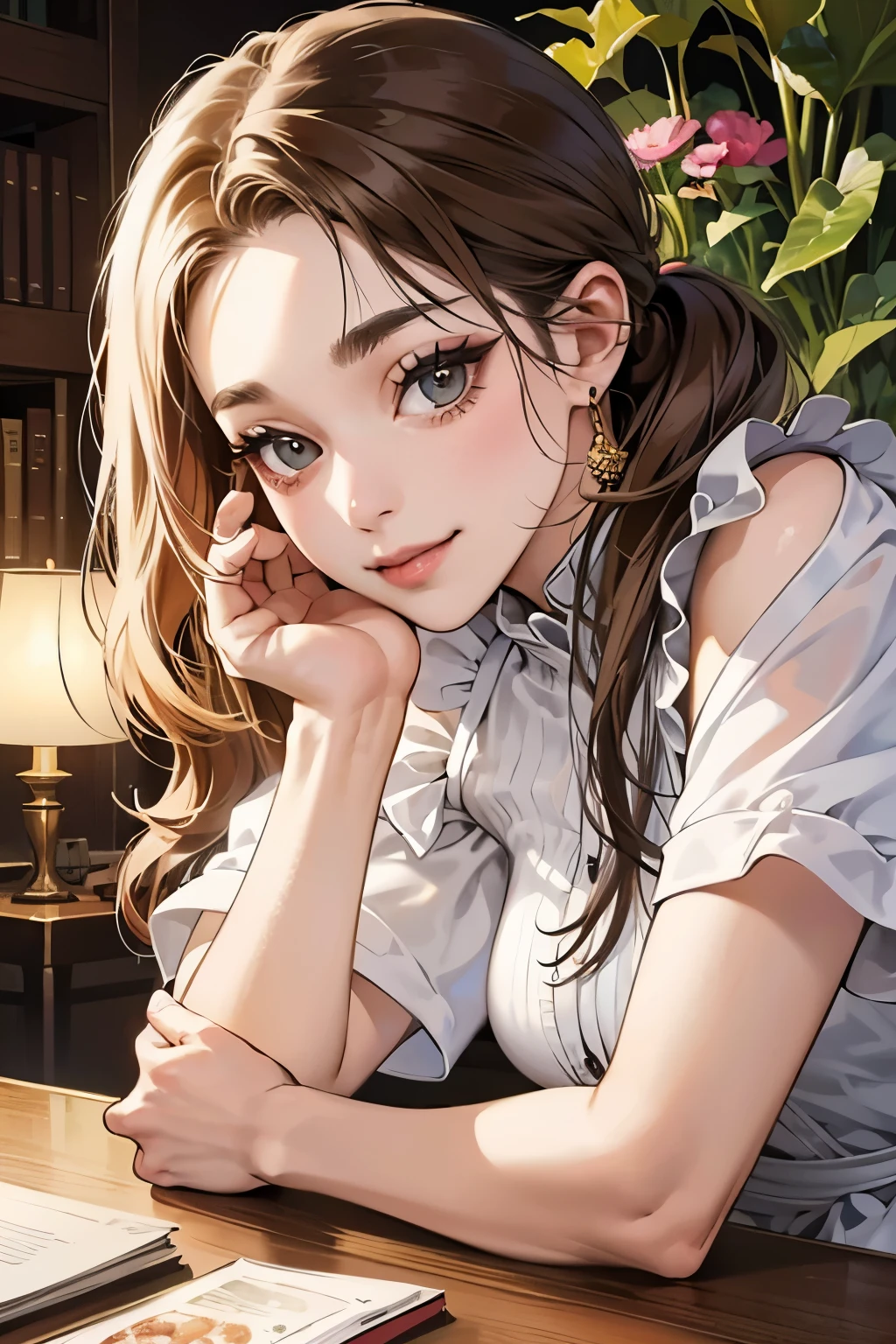 (table top, digital illustration, 4k, 8k, Super detailed, beautiful images, clear image, perfect face, perfect lines, perfect eyes, soft lighting) 1 female, (light brown hair,chignon hair,innocent look,droopy eyebrows,droopy eyes、With a round face,round chin、innocence,cute,Big eyes,natural makeup,smile gently,E cup,23 years old:1.3),Two handsome men in suits, (human,man in suit,muscular,solid shoulder width, boyish hairstyle,A man in his 30s with a cool expression,28 year old man with a bright smile:1.2),garden full of light、lots of flowers、Squirting、colorful flower light,(embarrassing,shy smile:1.2),resort sofa,kiss、カップルkiss、romance porn、couple of man and woman hugging each other、Waitress、Byte in Byte、Maid clothes、Hitting the hips