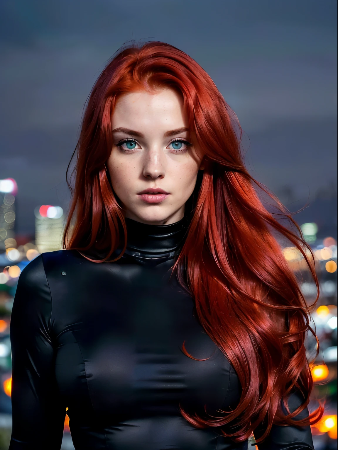 Masterpiece, (((24-year-old red-hair Ireland girl with charm face))) (((focus on eyes))) (((night city, dark in Los Angeles))) entire body in frame (((detailed and realistic image, full-frame))) eyes are in sharp focus (((long hair))) (((accurate hands, accurate eyes))) very detailed 8k HD high definition detailed realistic, skin detailed texture (((accurate female anatomy)))