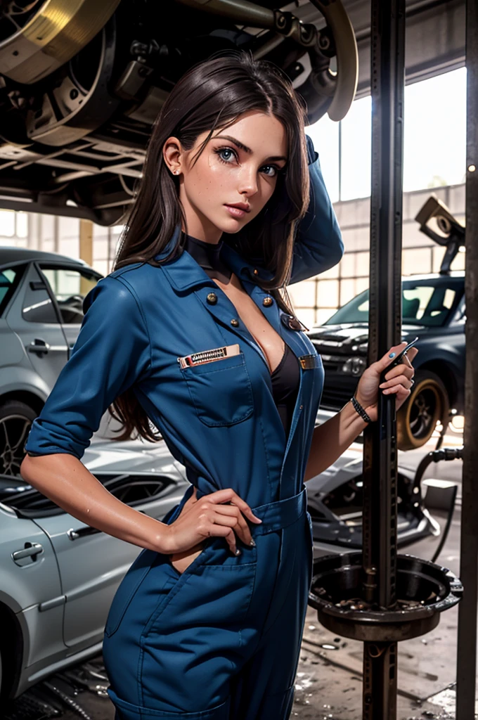 photo of 19yo American woman, 1girl, solo, tanned skin, long luscious hair, very slender mechanic apprentice, standing inside hot sweaty garage, dimly lit, (skintight mechanic uniform, coveralls, oil, grease:1.4), tall statuesque goddess, big blue eyes, plump full lips, flirty, seductive, serious, seductive, extreme hourglass physique, massive breasts, cleavage, tiny waist, long lean torso, wide hips, huge perky ass, muscular legs, zero body fat, masterpiece, 8K HDR, tack sharp, (most beautiful woman on earth, detailed face and eyes:1.2), real hands, perfecteyes eyes, (upper body view, close to camera, from front:1.2), background extremely out of focus