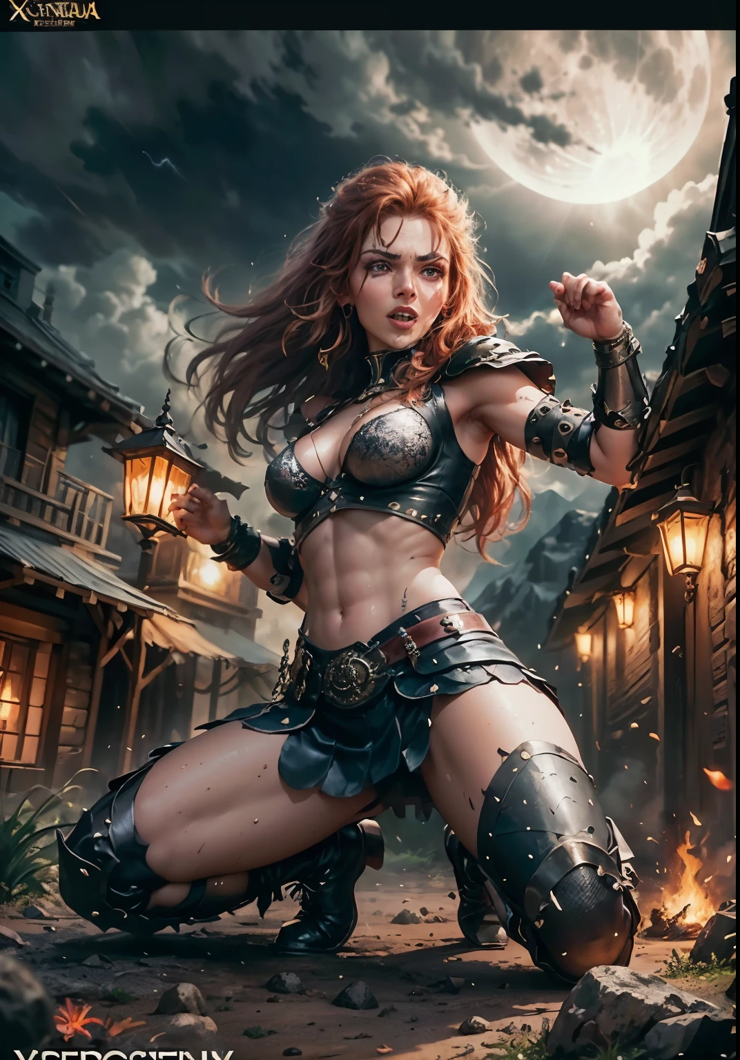 (masterpiece), best quality, expressive eyes, perfect face, ((warrior woman poster)), ((red sonja warrior in fighting pose)), ((poster includes army fighting in the background)), 8k, blood on skin, mandala tattoos, full body , dark cloudy sky with lightning, ((dynamic poster)), ((full moon)), ((movie poster)), full war woman in combat stance, soft play of light and shadow, war scene, war woman variety of small details in the background, random, hyper detailed, trend in artstation, intricate details, highly detailed, metal high heel boots, high heel boots, evil laugh, slight ironic smile. digital painting, perfect result, HDR, illustration, very image clear, evocative, striking, fluorescent light, side angle perspective, perfect face, front view of perfect face, woman warrior, sword in left hand, little clothing, steel bracelet, silver bracelet, bronze belt, woman with very long hair moved by the wind, night light, cloudy sky, dark clouds with lightning, mountain, castle embedded in the mountain rock, waterfall coming out of the castle, beautiful warrior, skin wet with sweat, flushed and panting face, provocative look, full female body, water-wet skin, stormy sky, floating antique clock, lamp, lantern, tattoos of mandalas and flowers on the body, majestic, feeling of depth (athletic physique: 1.5), emerald eyes ( vibrant: 1.5), brown hair (vibrant: 1.5), UHD, HDR, cinematic image, intricate details, ultra-realism, viridian tones, medieval castle embedded in the mountain, full moon, (fractal art: 1.3), colorful , metallic colors, enamel colors, NSFW, run and dodge, fighting pose, beautiful warrior woman in combat, front view, girl seen from the war front, fighting expression, finely drawn hands; By Artgerm, full female body centered on the scene, dark clouds and lightning, magic lights, magic particles, ((Xena warrior)), metal high heel boots, high heel boots, vagina on display, beautiful vagina, beautiful breasts on display, poster cinema,