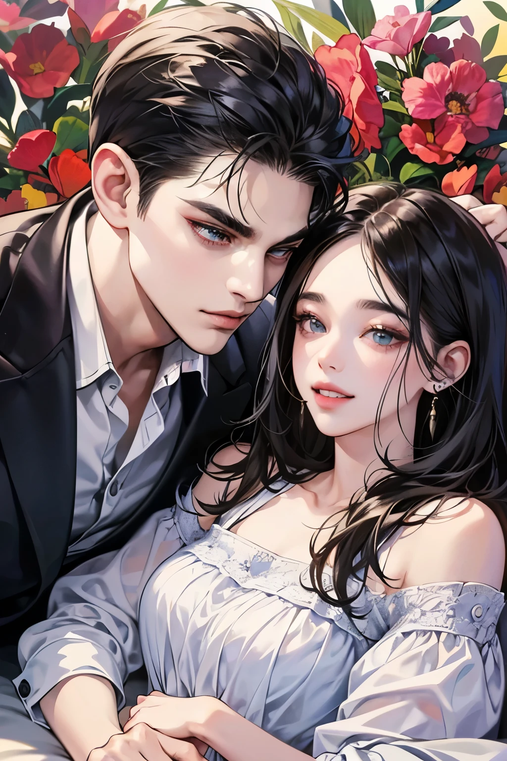 (table top, digital art, digital illustration, 4k, 8k, Super detailed, beautiful images, clear image, realistic, RAW photo, perfect face, perfect lines, perfect eyes, soft lighting) ,1 female, (long black hair,straight hair,bullish look,Beautiful woman,grace,Make up well,23 years old,:1.3),Two handsome men in suits, (human,muscular,solid shoulder width, human,boyish hairstyle,English gentleman'Style,A man in his 30s with a cool expression,28 year old man with a bright smile:1.2),Show your white teeth and smile(embarrassing,shy smile:1.1),garden full of light、Squirting、resort sofa、colorful flowers、innocent smile,smile、couple kissing、kiss、the kiss、romance、please lie down on the bed、fall asleep
