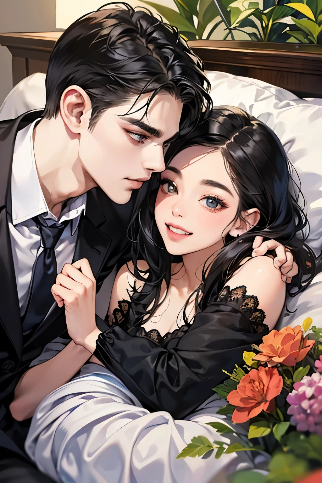 (table top, digital art, digital illustration, 4k, 8k, Super detailed, beautiful images, clear image, realistic, RAW photo, perfect face, perfect lines, perfect eyes, soft lighting) ,1 female, (long black hair,straight hair,bullish look,Beautiful woman,grace,Make up well,23 years old,:1.3),Two handsome men in suits, (human,muscular,solid shoulder width, human,boyish hairstyle,English gentleman'Style,A man in his 30s with a cool expression,28 year old man with a bright smile:1.2),Show your white teeth and smile(embarrassing,shy smile:1.1),garden full of light、Squirting、resort sofa、colorful flowers、innocent smile,smile、couple kissing、kiss、the kiss、romance、please lie down on the bed、fall asleep