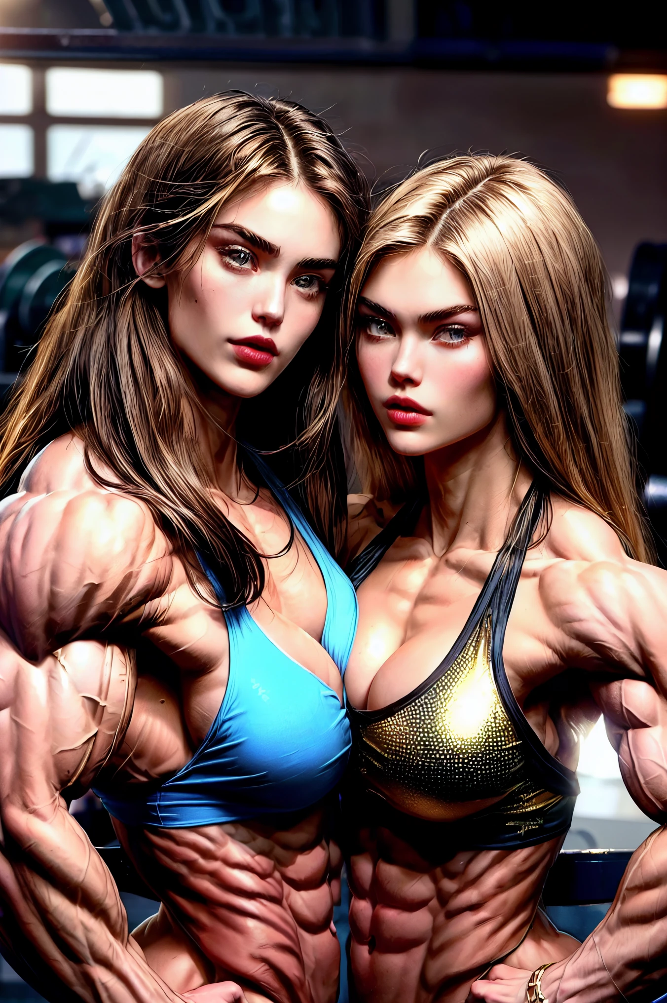 (2 girls body builders:1.6), ((masterpiece)), best quality, ultra-detailed:1.7, finely detail, high resolution:1.6, perfect dynamic composition, beautiful detailed faces:1.77, blonde babes:1.88, perfect red lipstick, perfect makeup:1.8, short denim bikini , large breasts:1.4, lovely look:1.7, gorgeous face:1.6, defined muscles:1.4, beautiful faces:1.8, alessandra ambrossio, izabel goulart, Kate Upton, Gigi Hadid, candice swanpoel ,popped out dense veins on muscles:1.8, hyper detailed picture:1.4, 8k resolution: 1.7, flex muscles:1.3, hyper muscular body shape:1.42, photorealistic:1.5, realistic:1.6, face masterpiece:1.74, good and professional lighting on picture:1.38, Arabian-Australian muscle beauty goddess, masterpiece 25 years old Madison Beer and Izabel Goulart as bodybuilders, extremely high resolution, hyper feminine beauty , hyper realistic texture, hyper muscularity, hyper vascularity, ass of titanium, muscles of steel, ripped body shape, ripped sexy ass with bikini, muscular ass , topless, good face details, hyper face detailing, super dominant moment, nude females, perfect symmetrical face, sexy arm wrestling each other, serious muscle posing, serious female bodybuilders, pec bouncing, chest muscles fibres, chest muscles with veins, flexing chest, crushing apple with breasts and chest muscles, shredded chest muscles, ripped with fibres
