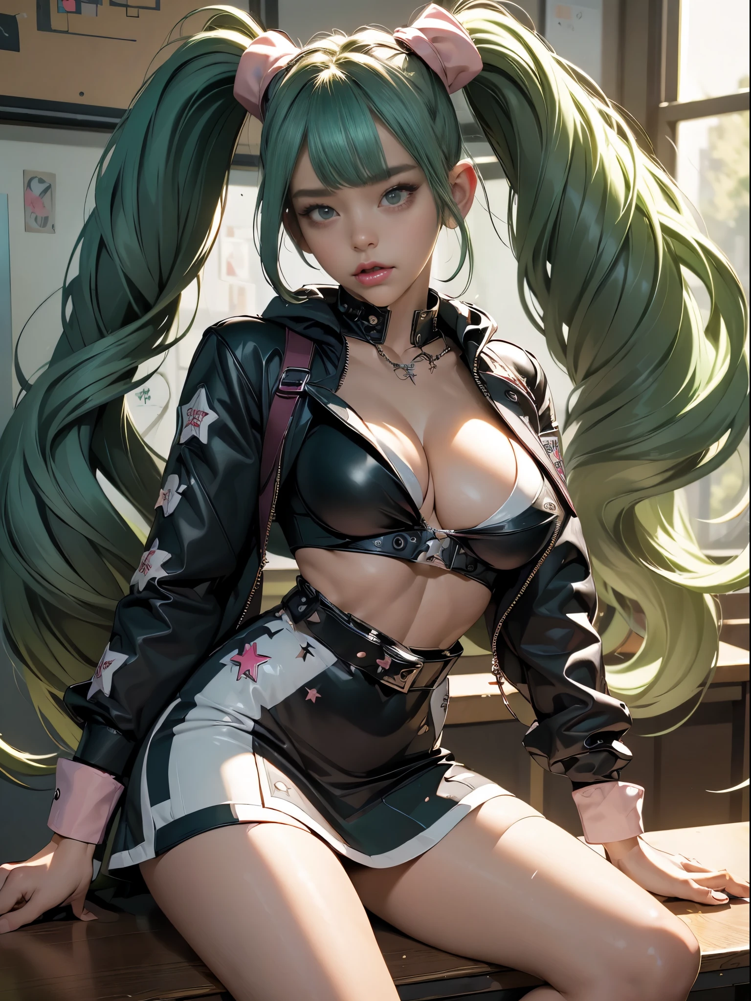 (((of the highest quality: 1.4))),(unparalleled masterpiece ever), (Ultra high definition),(Ultra-realistic 8K CG), offcial art、 (((adult body, accentuated super huge enormously gigantic tits, cleavage showing))), (((1girl in))), ((( very long hair in pigtails ))), Punk girl with a perfect body, school girl uniform school girl skirt and backpack with lots of straps buckles and zippers,Beautiful and well-groomed face,Fancy makeup,Detailed punk fashion,school girl uniform and school girl skirt, (Image from head to thigh),((Platinum green hair )), Harajuku-inspired hooded jacket, Simon Bisley's urban savage style,Detailed street background of school classroom,Clean abs, Complex graphics, dark pink with white stars and gray and white stripeany poisonous tattoos )), piercings,