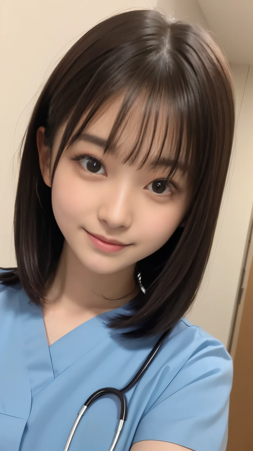 table top, highest quality, 8K, 16 years old, Ten generations, RAW photo, absurd, award-winning portraits, smile, smile, alone, daytime, idol face, violaces, delicate girl, Upper body, Digital single-lens reflex camera, looking at the viewer, Frank, Sophisticated, Zora々right, thin arms, professional lighting, film grain, chromatic aberration, (Eye and face details:1.0), (Bokeh:1.1), (hyper pretty face:1.2)、(beautiful face:1.2), beautiful woman、nurse、(short sleeve nurse uniform:1.2), black haired、middle straight hair、bangs、(Japanese)、short hair、