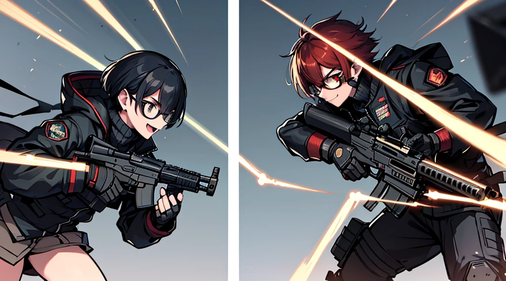 1 person, Tactical Jacket, tactical clothing, smile, anime, cyber punk, machine gun, Glasses, male, battle, Assault Rifle QBZ, Tactical gear, Rifle in hand, (A soldier takes aim at a giant military robot with a large rifle.), shoot a gun, fierce battle, whole body, skin fang, short hair, red hair, Hyperrealism, Realism, motion lines, UHD, ccurate, best quality, 8k, super detail, high details, anatomically correct, masterpiece