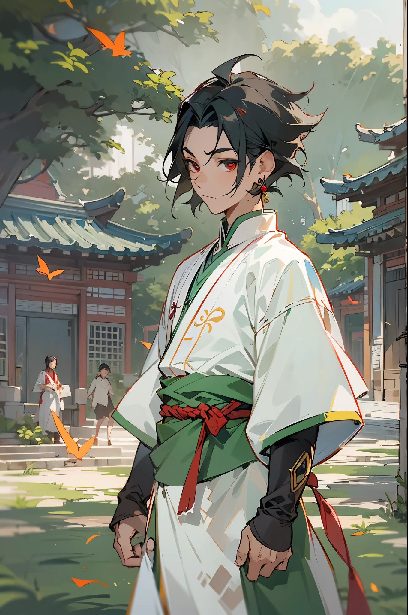 1male, Teen, Red Eyes, Black Hair, Short Hair, Messy Hair, Green Earrings, Confident and Calm Expression, Traditional White Chinese Clothing, Avatar The Last Airbender, Masterpiece Quality, Perfect Generation, Walking On Path, Sunset