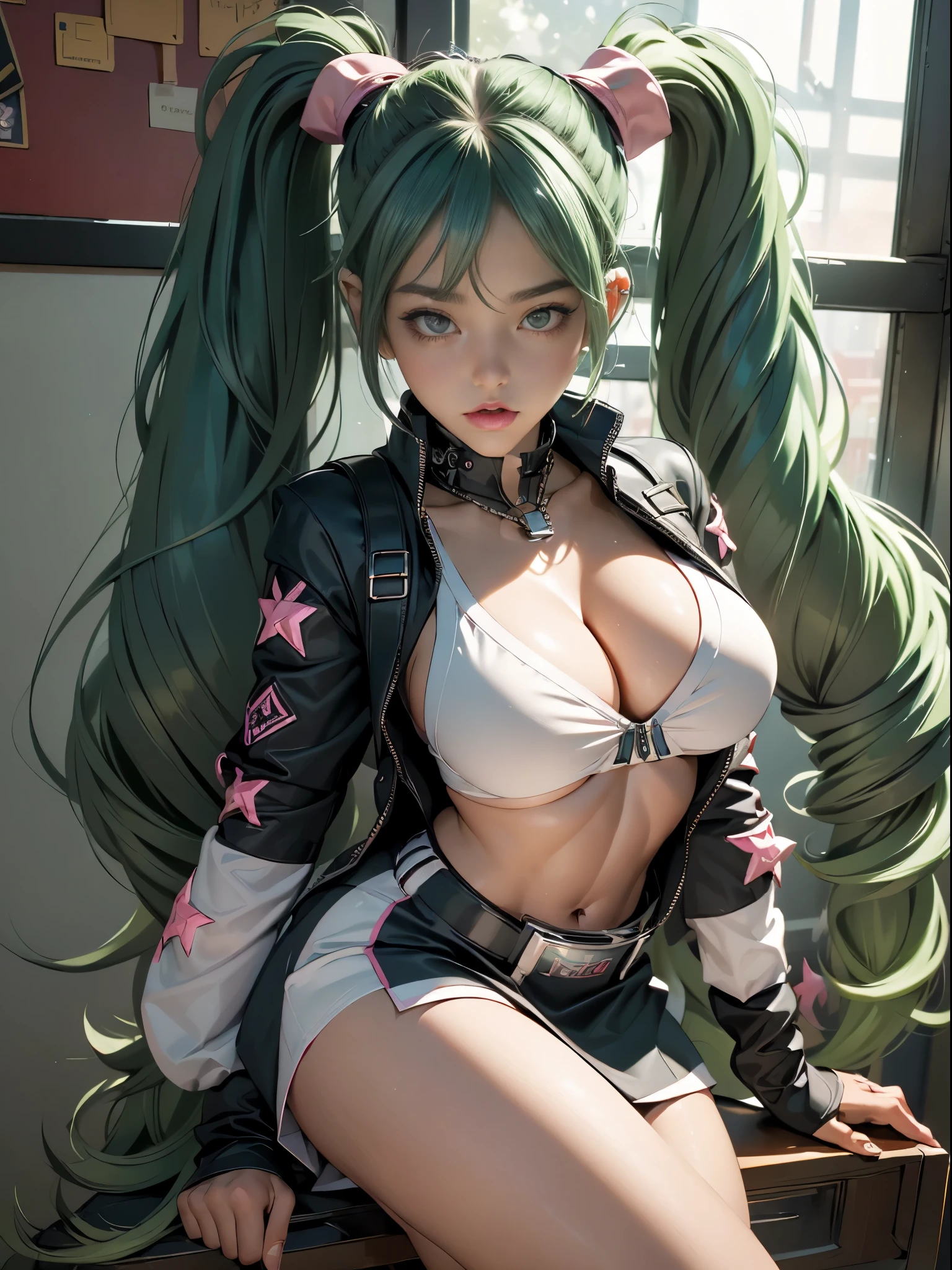 (((of the highest quality: 1.4))),(unparalleled masterpiece ever), (Ultra high definition),(Ultra-realistic 8K CG), offcial art、 (((adult body, accentuated super huge enormously gigantic tits, cleavage showing))), (((1girl in))), ((( very long hair in pigtails ))), Punk girl with a perfect body, school girl uniform school girl skirt and backpack with lots of straps buckles and zippers,Beautiful and well-groomed face,Fancy makeup,Detailed punk fashion,school girl uniform and school girl skirt, (Image from head to thigh),((Platinum green hair )), Harajuku-inspired hooded jacket, Simon Bisley's urban savage style,Detailed street background of school classroom,Clean abs, Complex graphics, dark pink with white stars and gray and white stripeany poisonous tattoos )), piercings,
