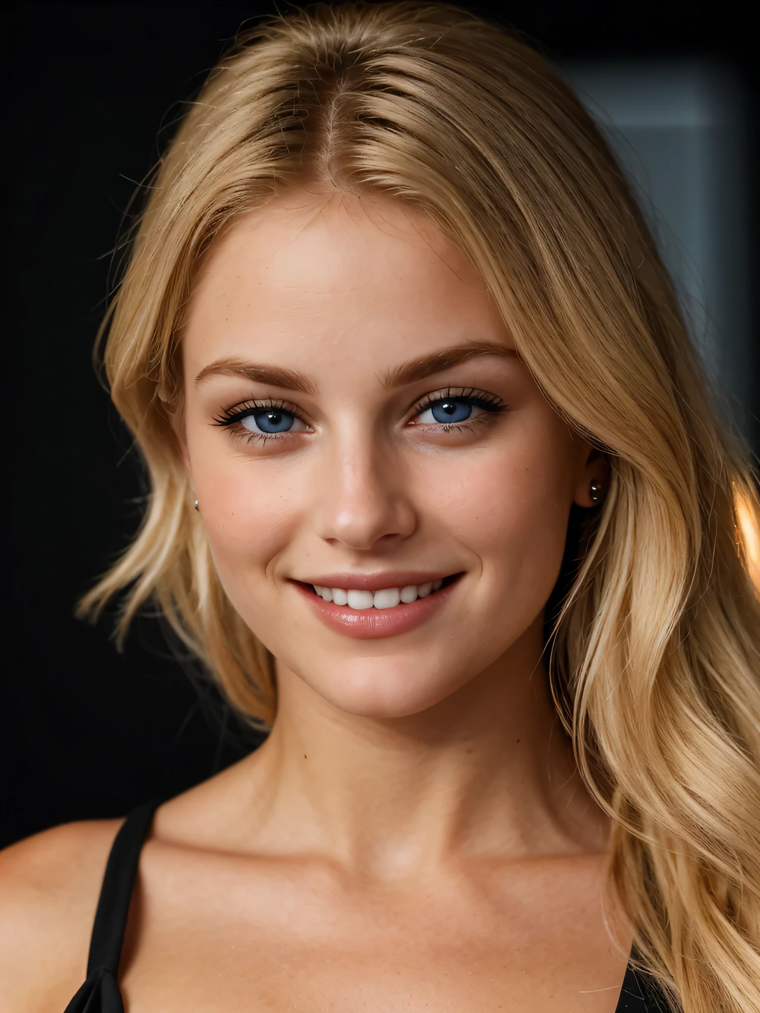Close-up photo of dark upper body of blonde with perfect eyes, smile, dark background