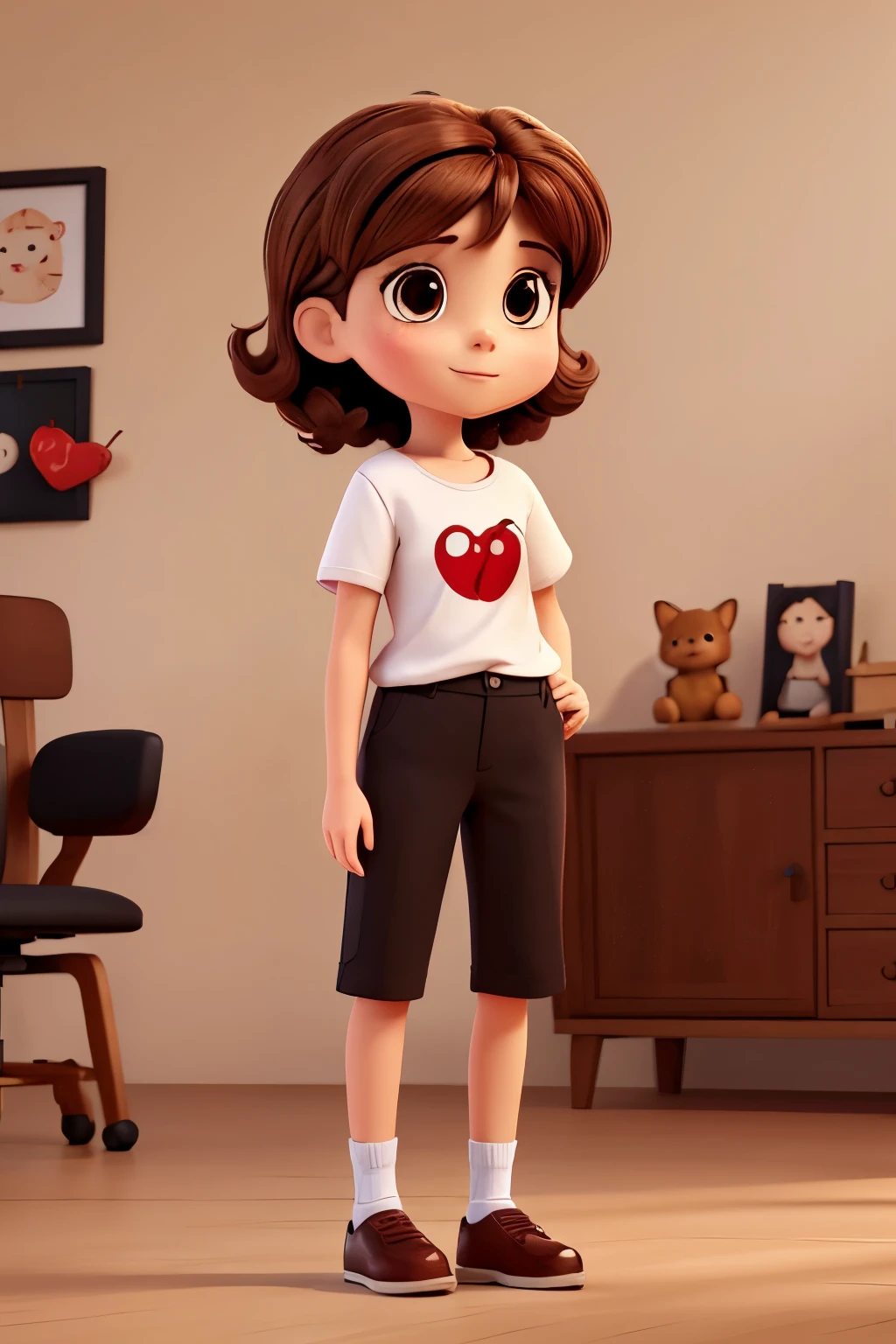 A cute named Norma, brown hair, wearing a cherry t-shirt, black pants, brown shoes, character sheet, different angle, in the style of cartoon illustrations