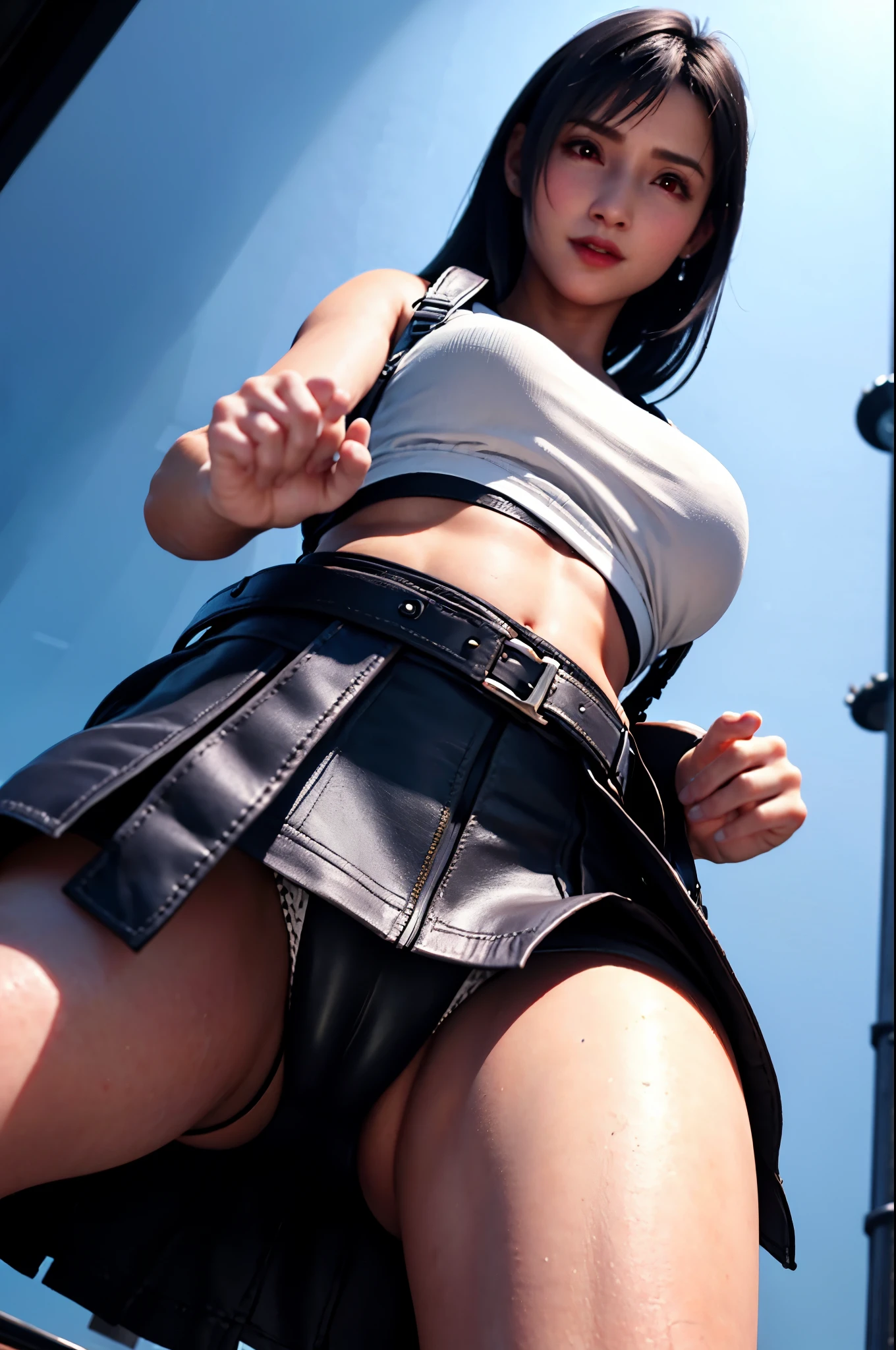 (Best Quality, 8K, 32K, masutepiece, nffsw:1.2),Pretty Woman Pictures, Large breasts, Very short bob hair,Upper body, detailedbackground, Heavy intersection of car streets, looking at around, ((1girl、solo)), tifa_lockhart, a smile, cowboy  shot, suspenders, lowrise, a miniskirt, Tank tops, Tense shirt, A dark-haired, length hair, elbowgloves, ((Beautiful detailed red eyes)), (Beautiful highlights of red eyes)), 、Facial light、movie lighting、nabel、High exposure、Exposure of the abdomen、ribs、abs、(gigantic breasts:1.2)、dynamicposes、dynamic ungle、Affectionate smile、slightly open lips、((Lift the hem of the skirt with your hands:1.3)), ((Show panties:1.3)), looking down to viewer, ((From below:1.5)), (large round chest:1.2), toned round buttocks with a small crotch, Nice leg line:1.3, thick thighs, Slim your waist