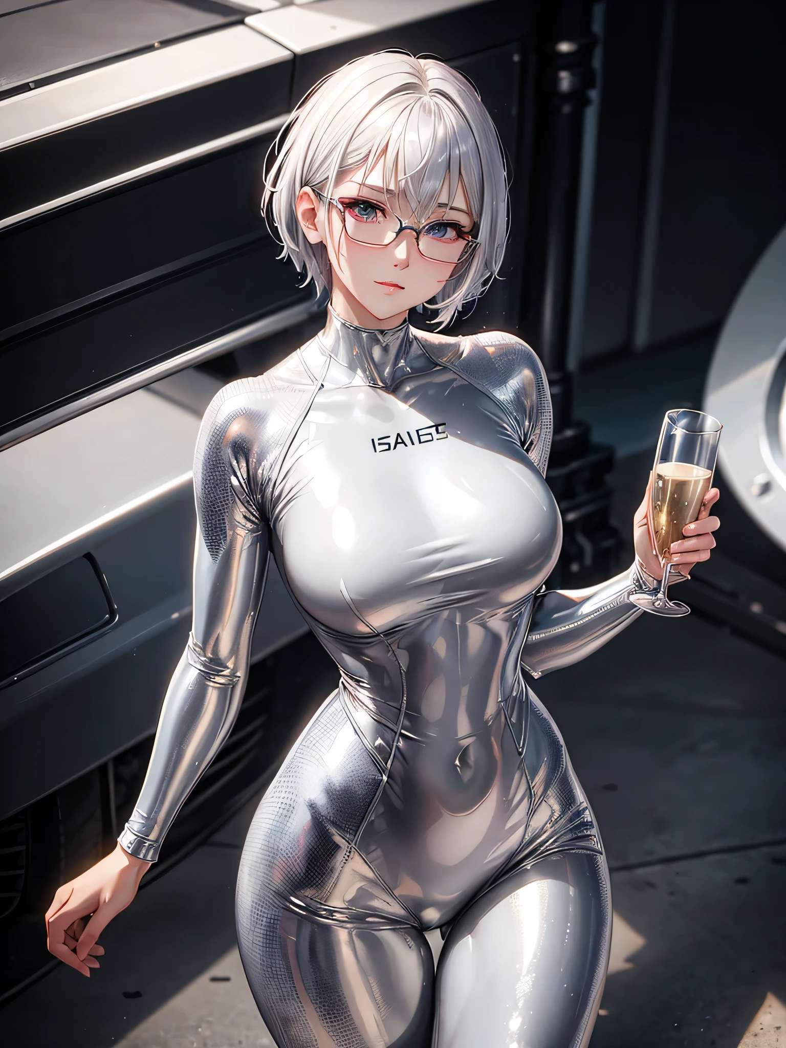 Top quality 8K UHD、short hair、pieces fly、silver hair、glasses uskul、Musculoskeletal system々、Upper body、Full body gloss、Beautiful woman wearing a full body silver metallic suit、A silver rubber suit that hides your lustrous skin