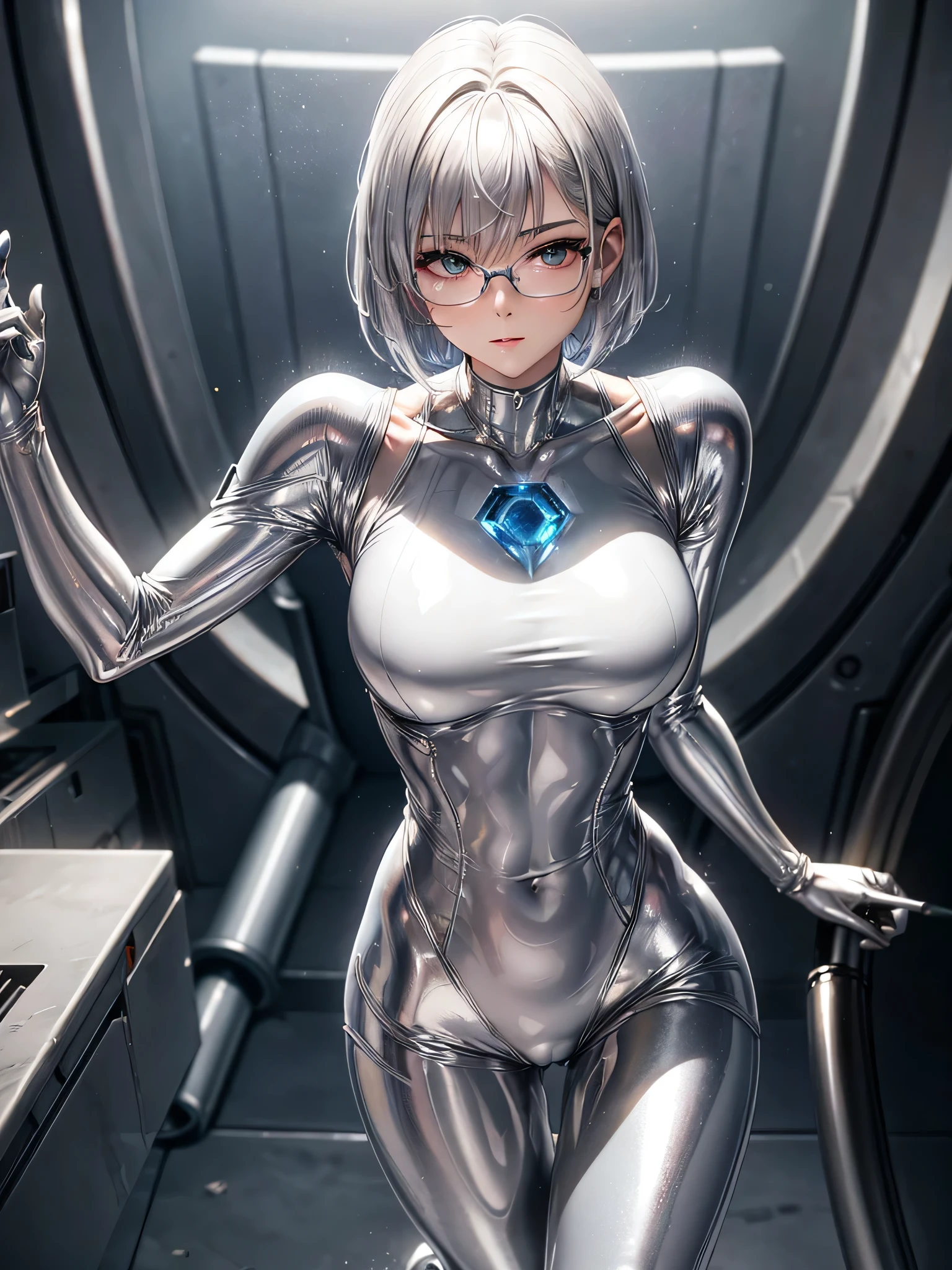 Top quality 8K UHD、short hair、pieces fly、silver hair、glasses uskul、Musculoskeletal system々、Upper body、Full body gloss、Beautiful woman wearing a full body silver metallic suit、A silver rubber suit that hides your lustrous skin