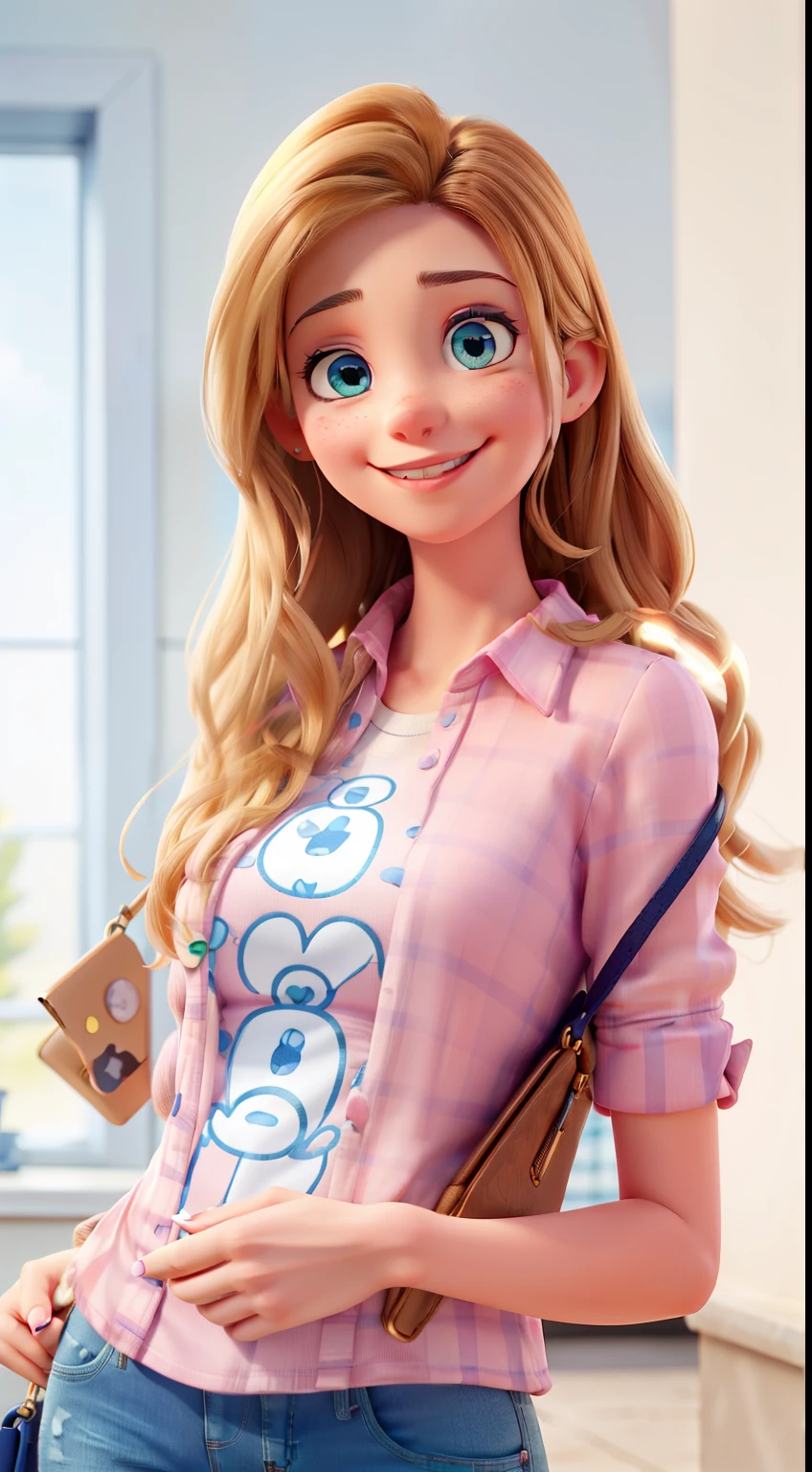 Beautiful smiling woman in a pink shirt and blue jeans holding a purse, official product image, cute young woman, official product photo, subtle details, close up details, close up half body shot, graphic detail, detailed image, wide lips and kind blue eyes, medium close-up shot, soft details, high delicate details, with intricate details