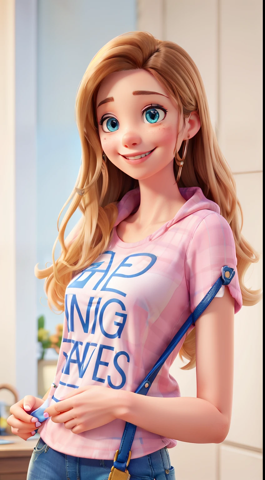 Beautiful smiling woman in a pink shirt and blue jeans holding a purse, official product image, cute young woman, official product photo, subtle details, close up details, close up half body shot, graphic detail, detailed image, wide lips and kind blue eyes, medium close-up shot, soft details, high delicate details, with intricate details
