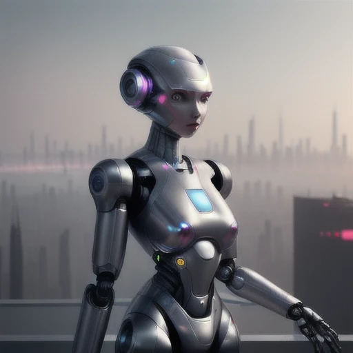 1girl, feminine robot standing on a roof with a city in the background, digital art by Jakob Gauermann, trending on cg society, digital art, female robot, futuristic robot, cyberpunk robot, robot girl, female cyborg, cyborg woman, cyborg - girl, futuristic robot body, sci-fi android female, humanoid woman, female android
