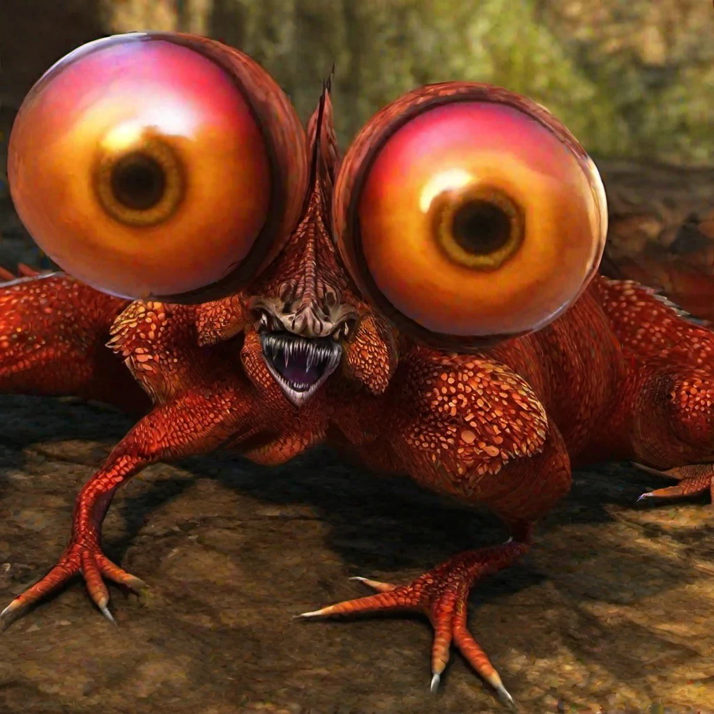 (masterpiece, best quality:1.2), monster, lizard, big eyes, giant eyes, sharp claws, sharp teeth, small mouth, a bubble on the neck, a red goiter, bubble eyes, dry skin, small spikes on spine, long tail, small wings on legs, chicken legs