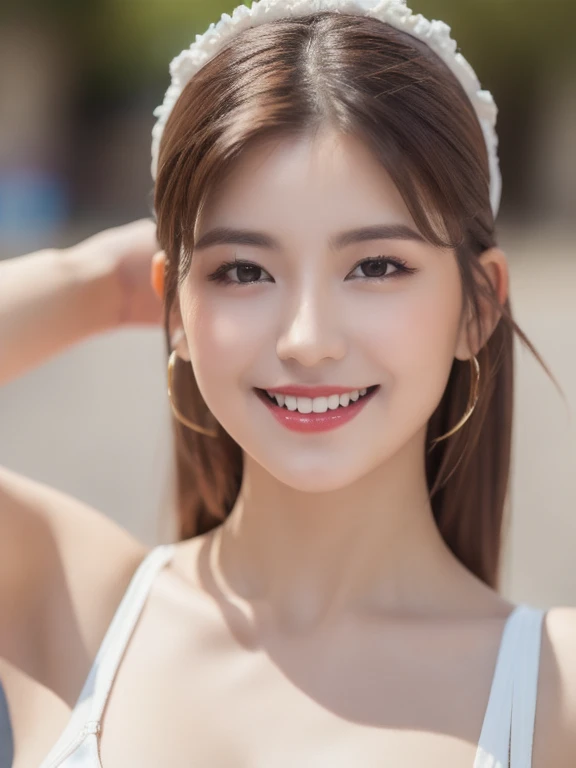 (realistic、masterpiece、Best Quality、8K、highres、high resolution:1.3)、1 girl、smile、Gigantic breasts、white bikini、looking at viewers、super fine face and eyes、long hair、 upper body、