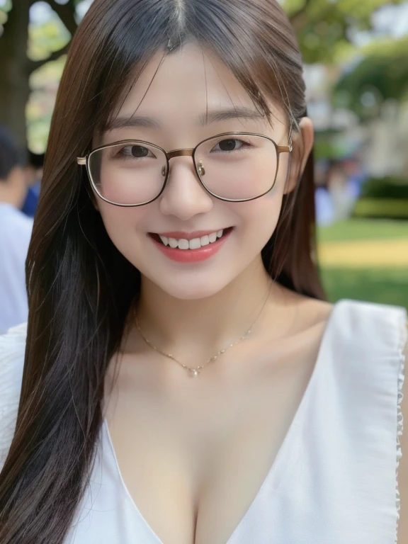 (realistic、masterpiece、Best Quality、8K、highres、high resolution:1.3)、1  glasses girl、smile、Gigantic breasts、white bikini、looking at viewers、super fine face and eyes、long hair、 upper body、