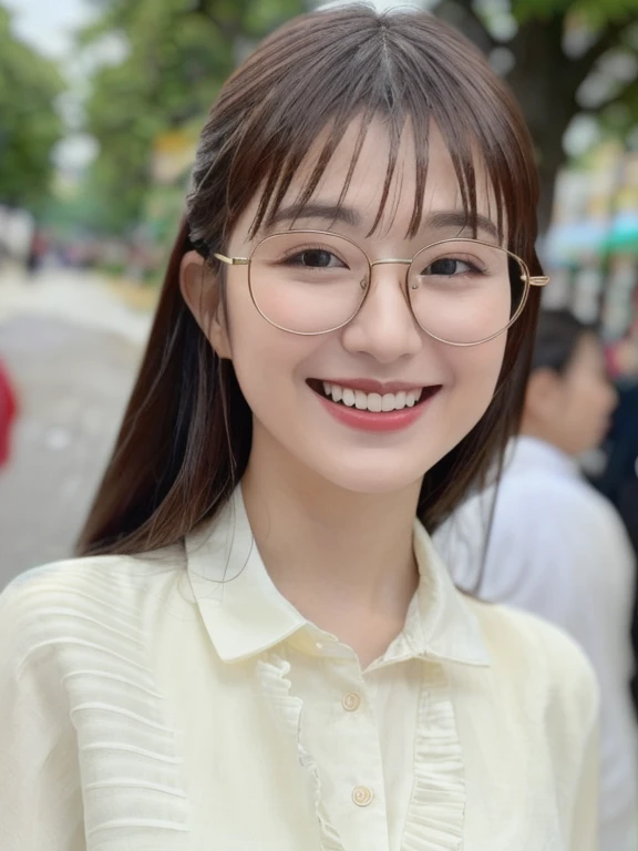 (realistic、masterpiece、Best Quality、8K、highres、high resolution:1.3)、1  glasses girl、smile、Gigantic breasts、white bikini、looking at viewers、super fine face and eyes、long hair、 upper body、