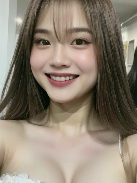 (realistic、masterpiece、Best Quality、8K、highres、high resolution:1.3)、1 girl、Huge breasts、smile、white bikini、looking at viewers、super fine face and eyes、long hair、 upper body、