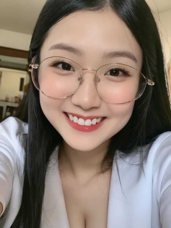 (realistic、masterpiece、Best Quality、8K、highres、high resolution:1.3)、1 glasses girl、Huge breasts、smile、white bikini、looking at viewers、super fine face and eyes、long hair、indoor、 upper body、