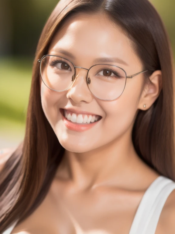 (realistic、masterpiece、Best Quality、8K、highres、high resolution:1.3)、1 glasses girl、Huge breasts、smile、white bikini、straight white teeth、looking at viewers、super fine face and eyes、long hair、indoor、 upper body、