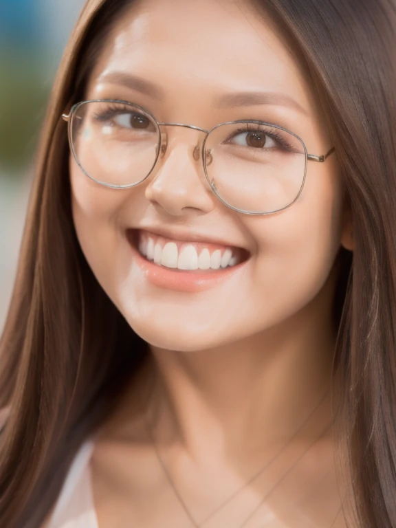 (realistic、masterpiece、Best Quality、8K、highres、high resolution:1.3)、1 glasses girl、Huge breasts、smile、white bikini、straight white teeth、looking at viewers、super fine face and eyes、long hair、indoor、 upper body、