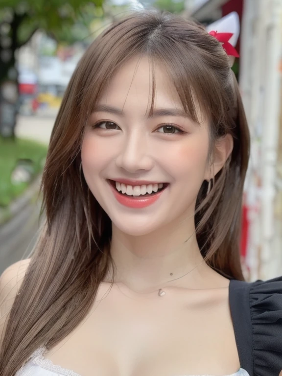 (realistic、masterpiece、Best Quality、8K、highres、high resolution:1.3)、1 girl、Huge breasts、smile、white bikini、straight white teeth、looking at viewers、super fine face and eyes、long hair、indoor、 upper body、