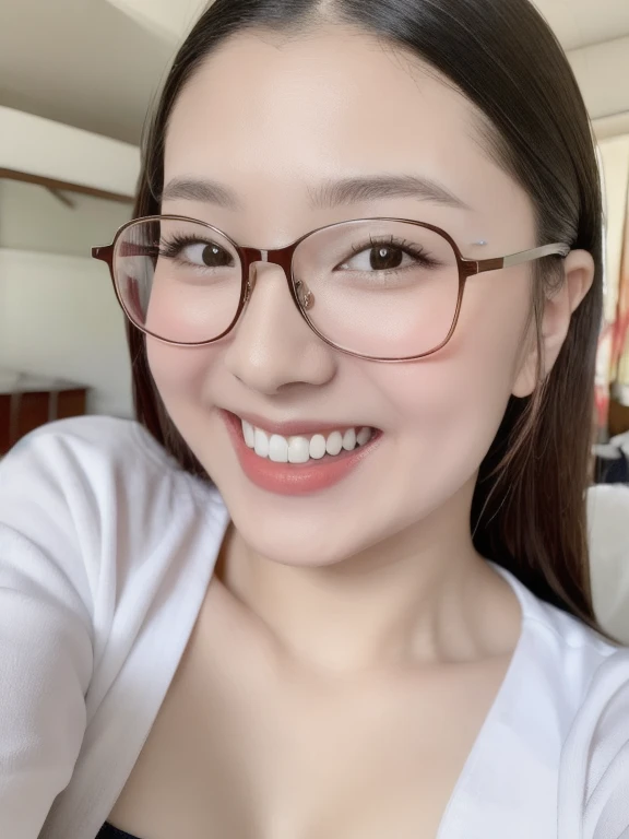 (realistic、masterpiece、Best Quality、8K、highres、high resolution:1.3)、1 glasses girl、Huge breasts、smile、white bikini、straight white teeth、looking at viewers、super fine face and eyes、long hair、indoor、 upper body、