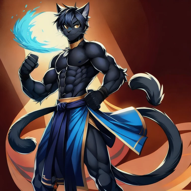(masterpiece, best quality:1.2), 1boy, solo, furry, furry man, handsome, panther man, panther furry, panther boy, fighter, monk, shirtless, black fur, blue hakama, black hair, shaggy black hair, black furry ears, black panther ears, black cat ears, black cat nose, gold eyes, yellow eyes, black fur, body fur, toned, toned body, abs, slender, blue dhoti, blue hakama, plantigrade