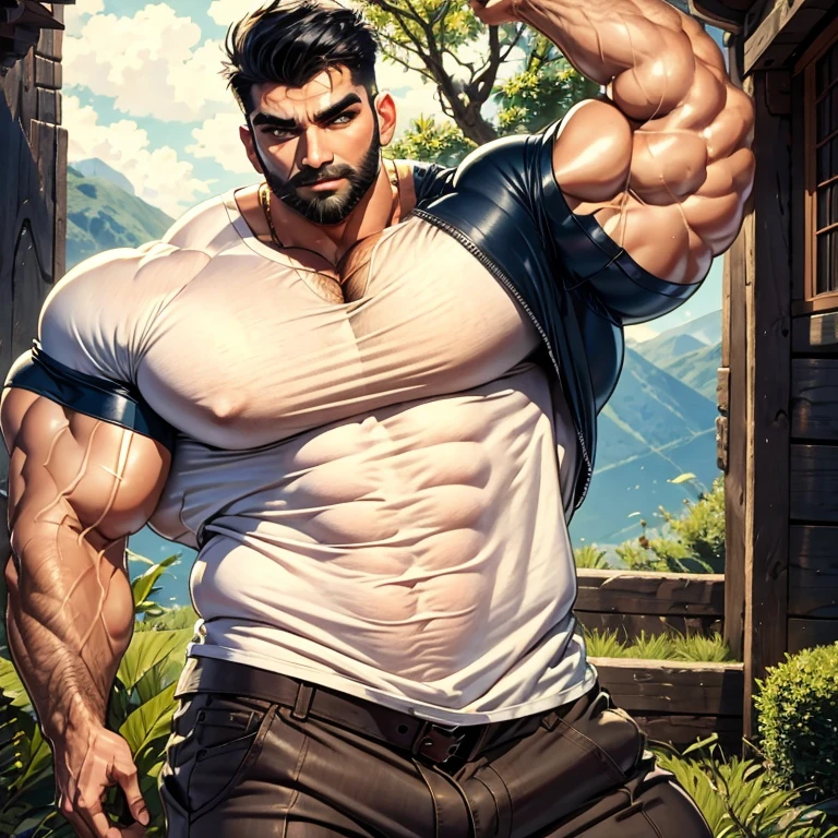 (best quality, high quality) Bara,1boy, abs, bara, beard, , black hair , bulge, chest hair, covered abs, covered nipples, cowboy shot, facial hair, forked eyebrows, formal, hairy, large pectorals, male focus, mature male, muscular, muscular male, nipples, pants, partially unbuttoned, pectoral cleavage, pectoral, pectorals, short hair, sideburns, sleeves rolled up, solo, stubble, taut clothes, taut shirt, thick eyebrows, thick thighs, thighs, tight, tight pants, tight shirt, undercut, white shirt