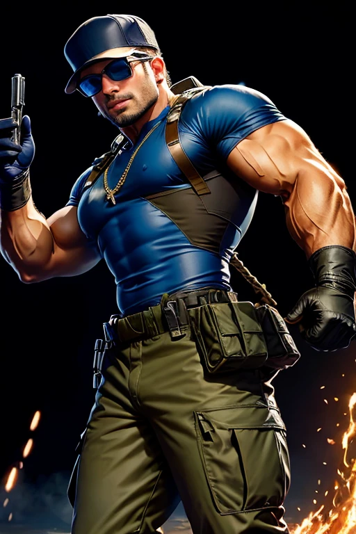 (masterpiece, best quality: 1.2), 8k image, a 30-year-old man, alone, alone, man with a blue military short-sleeved shirt, full body, wears a blue baseball cap, dark glasses, blonde hair short, brown camouflage cargo pants, military belt, king of fighters character, clark steel, digital art, tough soldier, muscular character, tough man, male hero, looking at viewer, different poses.
