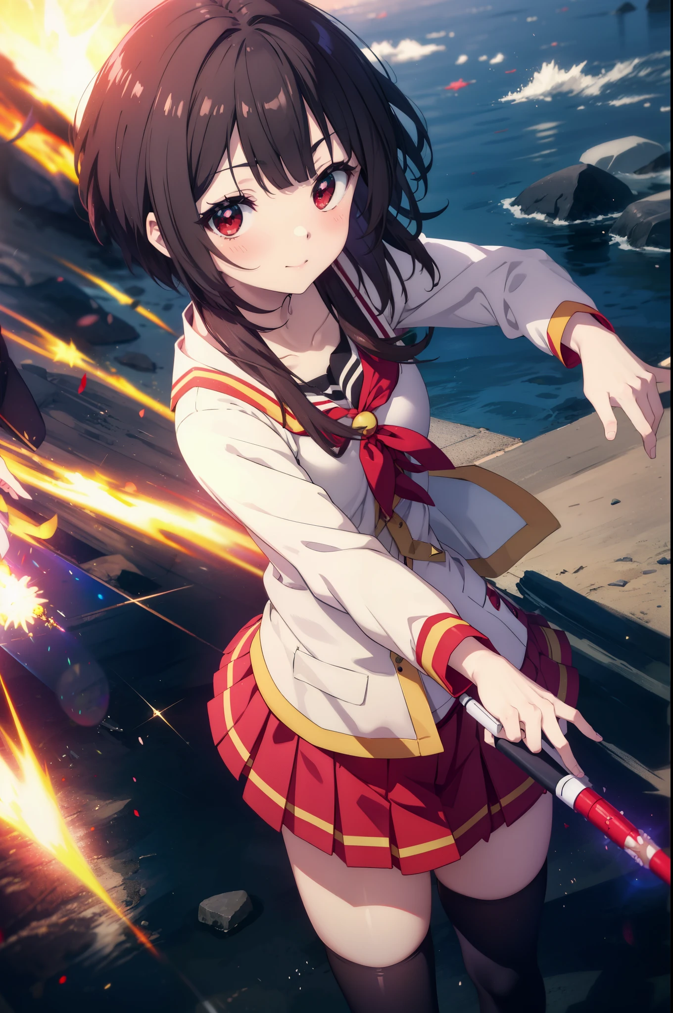 konosubaMegumin, Megumin, short hair, black hair, (red eyes:1.3), short hair with long locks,white sailor,red cardigan,black pleated skirt,gray pantyhose,brown loafers,smile,blush,He has a long magic wand in his hand.,morning、morning日,
break outdoor, 魔法学校
break looking at viewer, 
break (masterpiece:1.2), highest quality, High resolution, unity 8k wallpaper, (shape:0.8), (fine and beautiful eyes:1.6), highly detailed face, perfect lighting, Very detailed CG, (perfect hands, perfect anatomy),