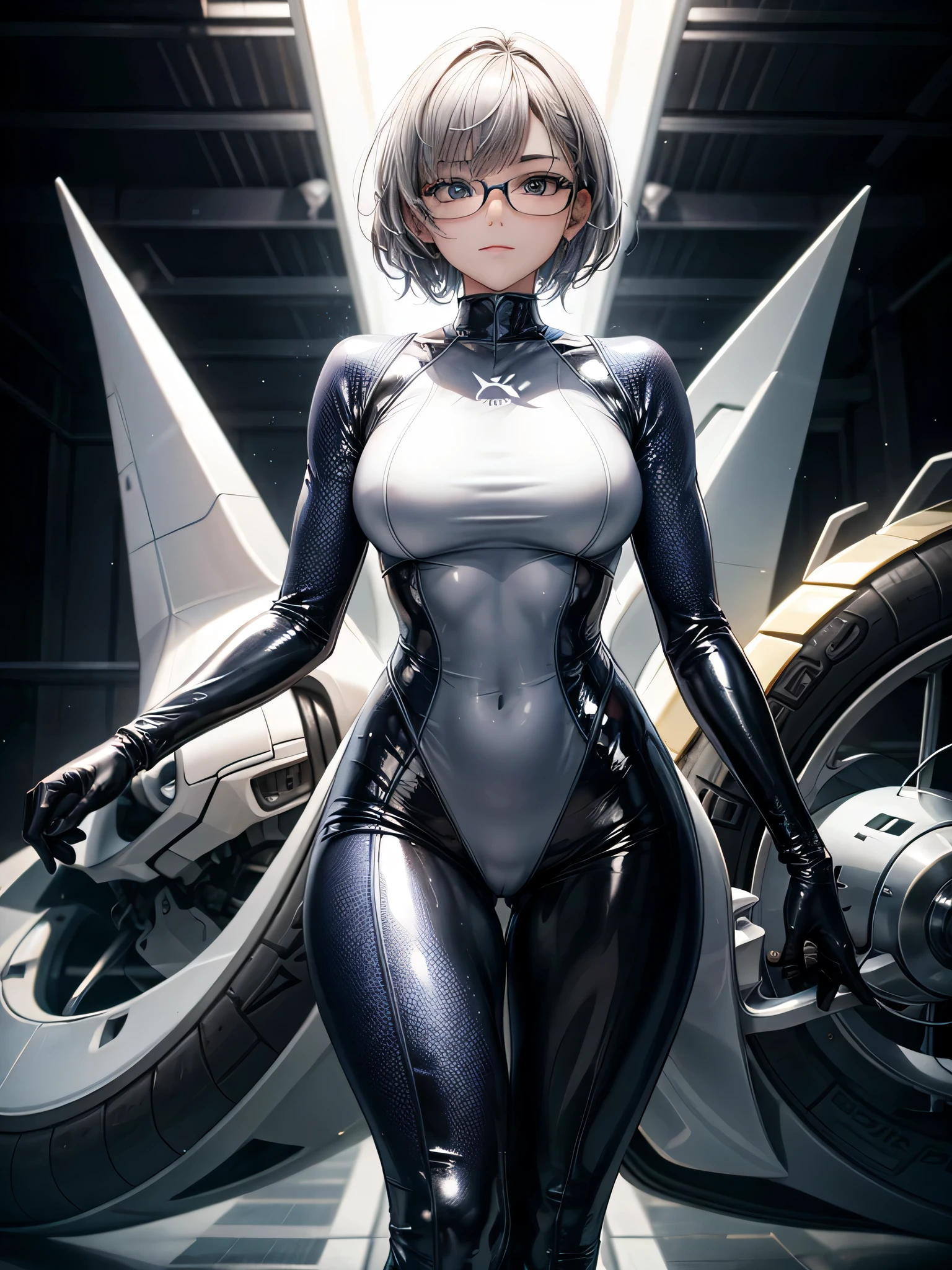 Top quality 8K UHD、short hair、pieces fly、silver hair、glasses uskul、Musculoskeletal system々、Upper body、Full body gloss、Beautiful woman wearing a full body silver metallic suit、A silver rubber suit that hides your lustrous skin