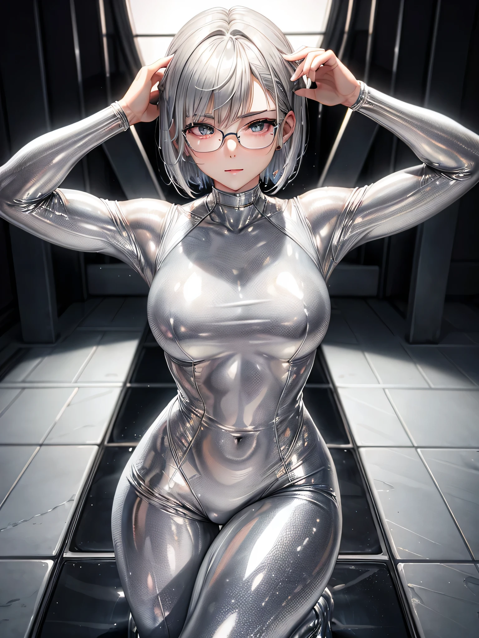 Top quality 8K UHD、short hair、pieces fly、silver hair、glasses uskul、Musculoskeletal system々、Upper body、Full body gloss、Beautiful woman wearing a full body silver metallic suit、A silver rubber suit that hides your lustrous skin