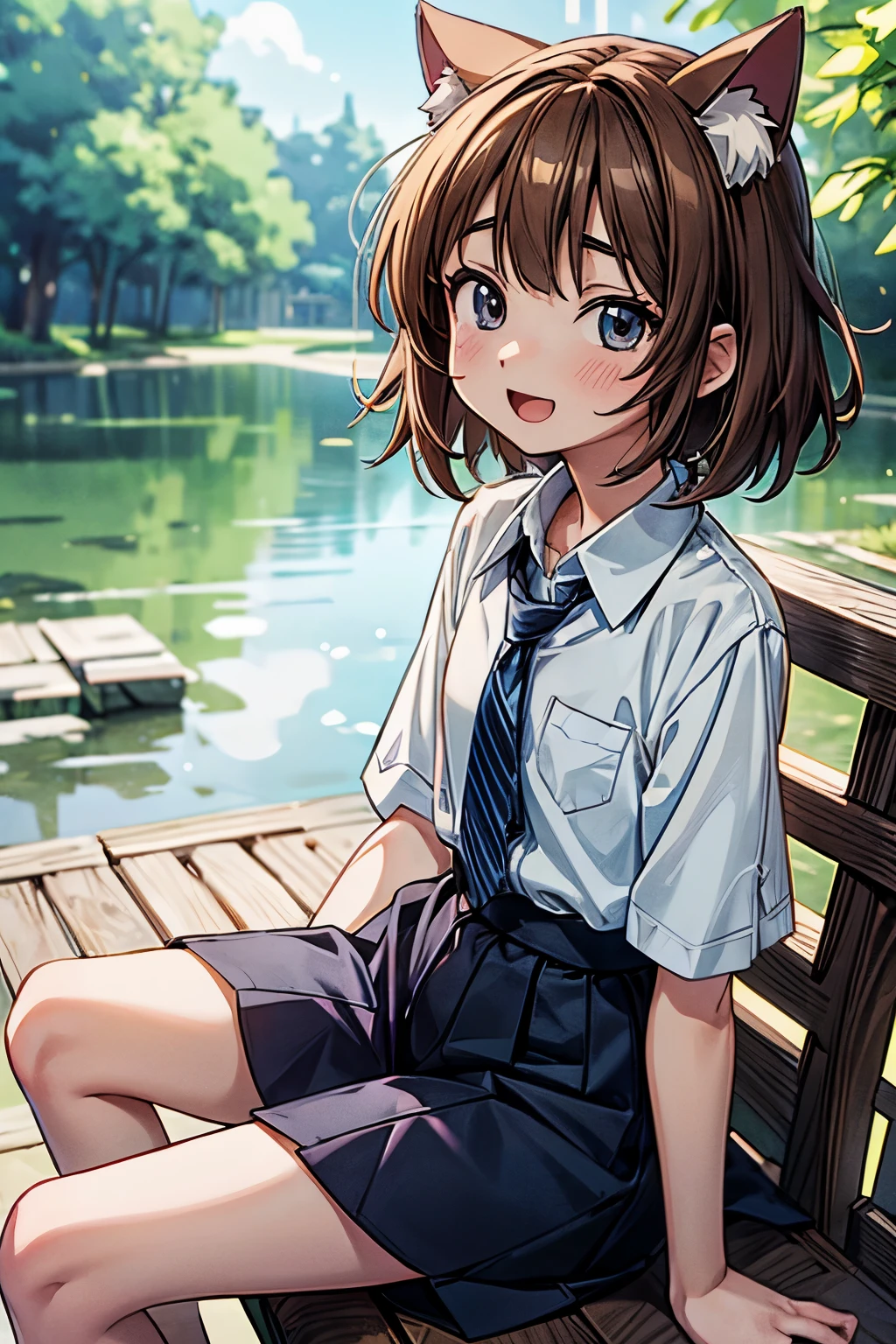 ((Masterpiece)), (Anime:1.5), ((best quality)), (RAW photo:1.2), (High Definition:1.3), (Professional Photography:1.2), (chromatic aberration), 1girl, ((12 years old)), Cute Beautiful girl, cinematic lighting, (cute eyes), Glossy lips, laughing, (open mouth), Textured skin, cat ears, pale brown hair, very unruly hair, (exposed flat chest), thin shirt, Slender body, beautiful flat chest, BREAK, (RAW photo:1.2), (High Definition:1.3), (loose sitting on the riverside),