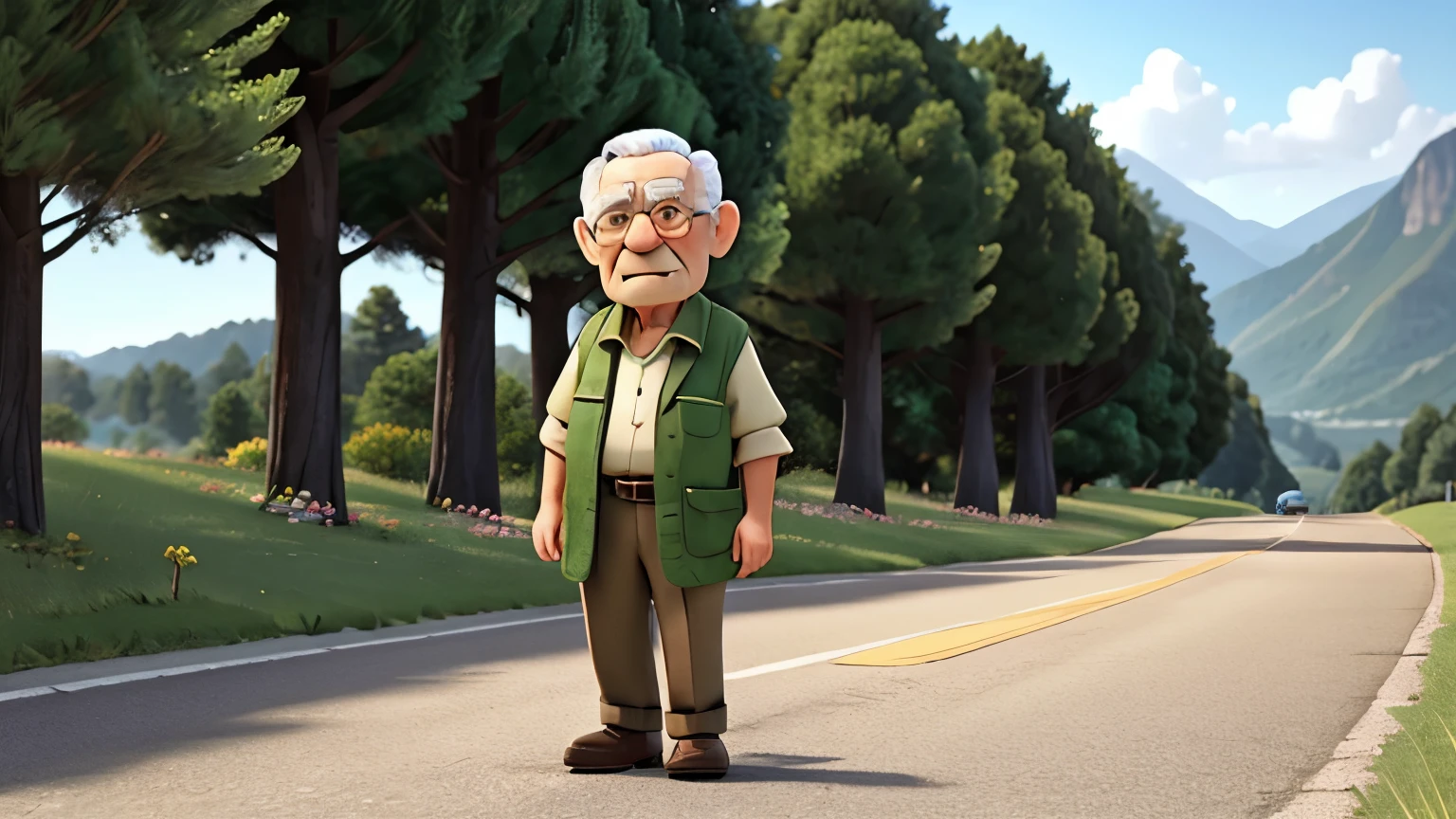 a wise old man on a road surrounded by green hills