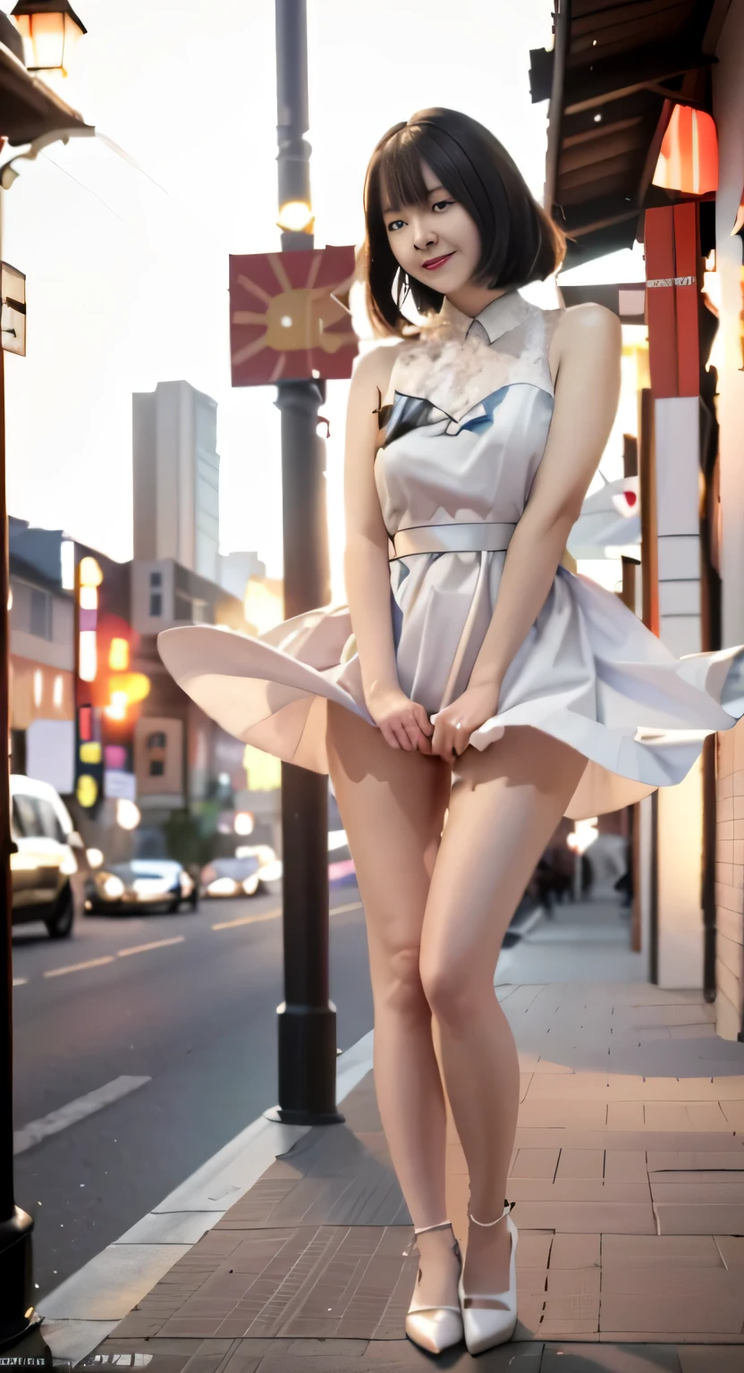 (highest quality、8k、32K、masterpiece、Hmm:1.2)、{{japanese woman:１８Year、(sad smile、blush:1.1)}}、look at the audience、(beautiful detailed dress skirt:1.2)、leg details、(spread your legs:0.9)、(lace panties:0.9)、(wind lift:1.6),[[shot above the knee]],,[outdoor stage]