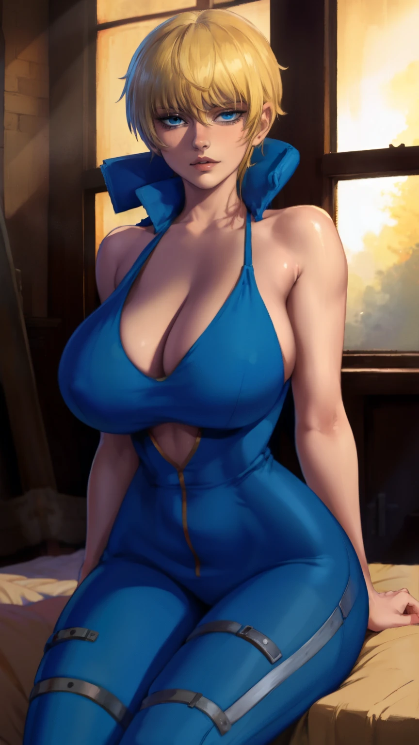 masterpiece, best quality, seras, seras victoria,  hellsing, 1girl, solo, , sitting,, warm lighting, lustful gaze, in heat, horny, head tilt, looking to the side, gigantic breasts, breast focus,  boob window, bare breasts, arms behind back, arms behind back, Detailed face, Detailed blue eyes, Detailed face, blue eyes, perfect eyes, perfect face, nude, naked breasts, cleavage, blue one piece bodysuit, wearing blue one piece bodysuit, blue jumpsuit,  wattson, apex_legends 