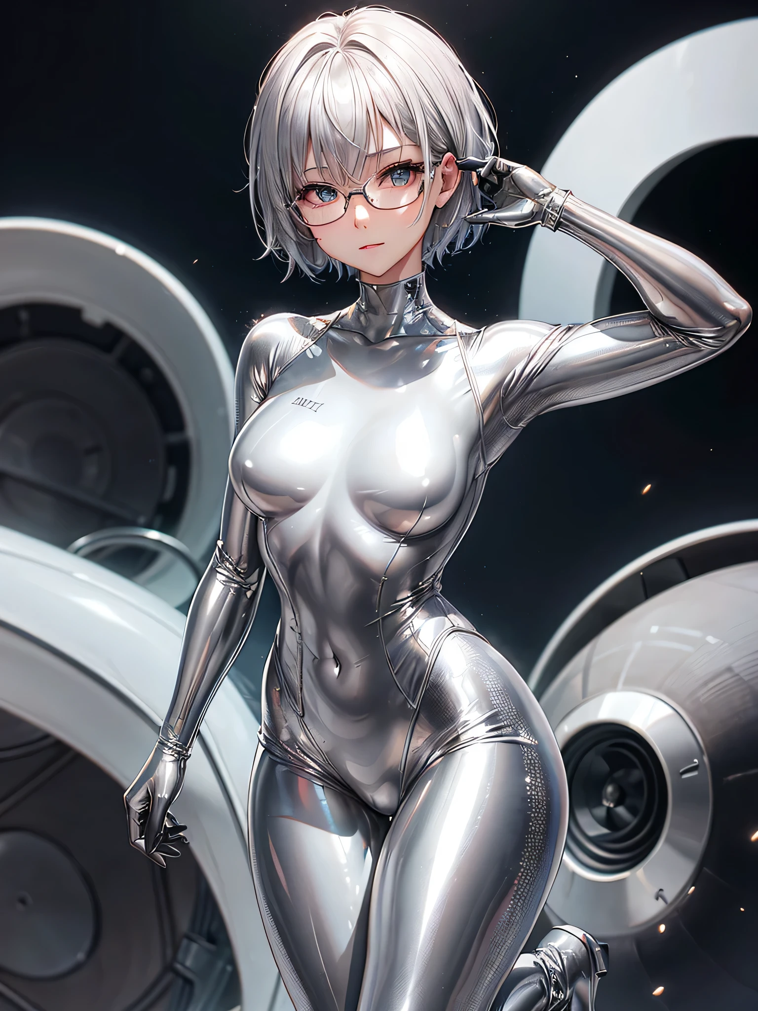 Top quality 8K UHD、short hair、pieces fly、silver hair、glasses uskul、Musculoskeletal system々、Upper body、Full body gloss、Beautiful woman wearing a full body silver metallic suit、A silver rubber suit that hides your lustrous skin