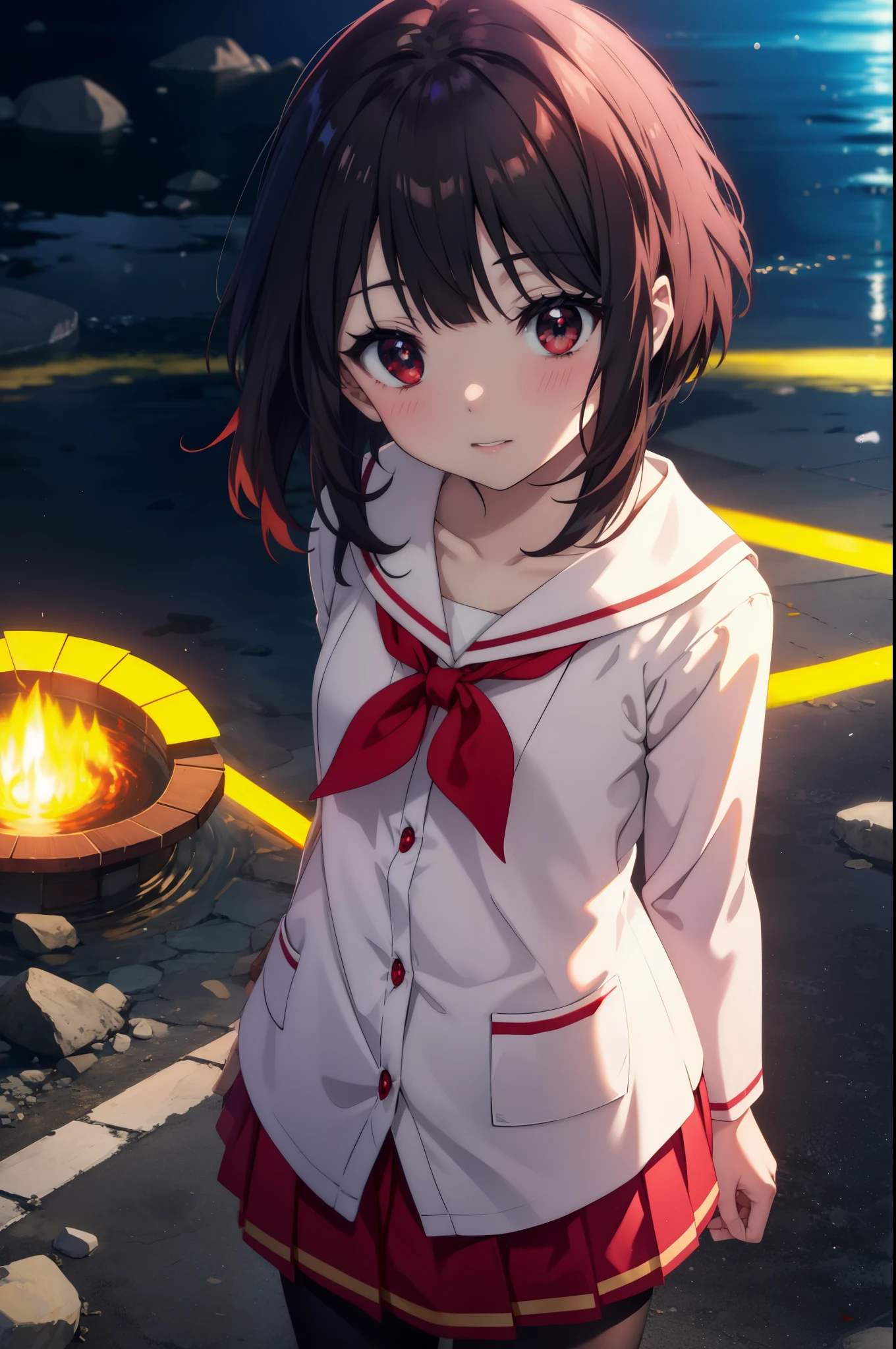 konosubaMegumin, Megumin, short hair, black hair, (red eyes:1.3), short hair with long locks,white sailor,red cardigan,black pleated skirt,gray pantyhose,brown loafers,smile,blush,He has a long magic wand in his hand.,morning、morning日,
break outdoor, 魔法学校
break looking at viewer, 
break (masterpiece:1.2), highest quality, High resolution, unity 8k wallpaper, (shape:0.8), (fine and beautiful eyes:1.6), highly detailed face, perfect lighting, Very detailed CG, (perfect hands, perfect anatomy),