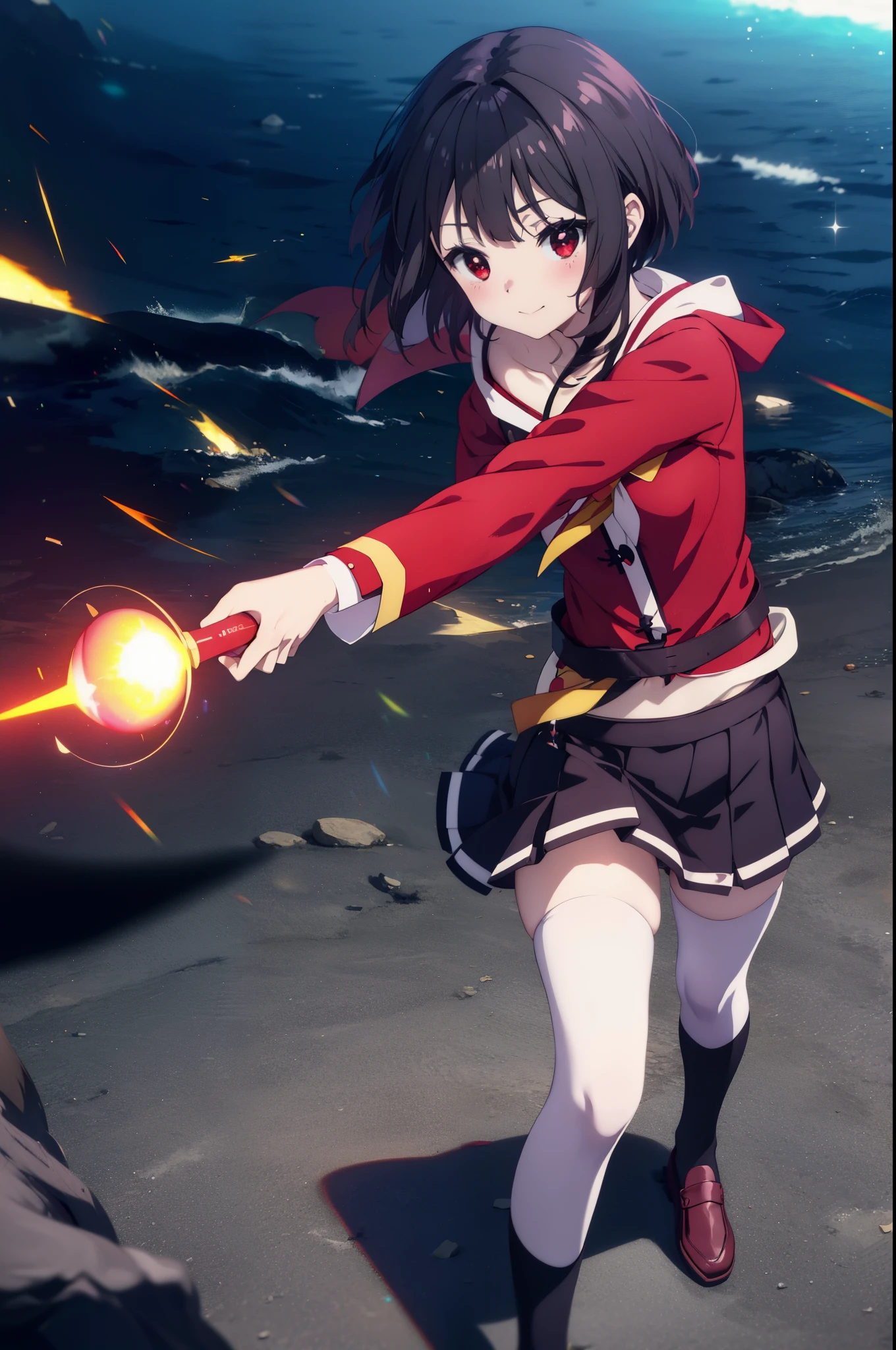 konosubaMegumin, Megumin, short hair, black hair, (red eyes:1.3), short hair with long locks,white sailor,red cardigan,black pleated skirt,gray pantyhose,brown loafers,smile,blush,He has a long magic wand in his hand.,morning、morning日,
break outdoor, 魔法学校
break looking at viewer,
break (masterpiece:1.2), highest quality, High resolution, unity 8k wallpaper, (shape:0.8), (fine and beautiful eyes:1.6), highly detailed face, perfect lighting, Very detailed CG, (perfect hands, perfect anatomy),