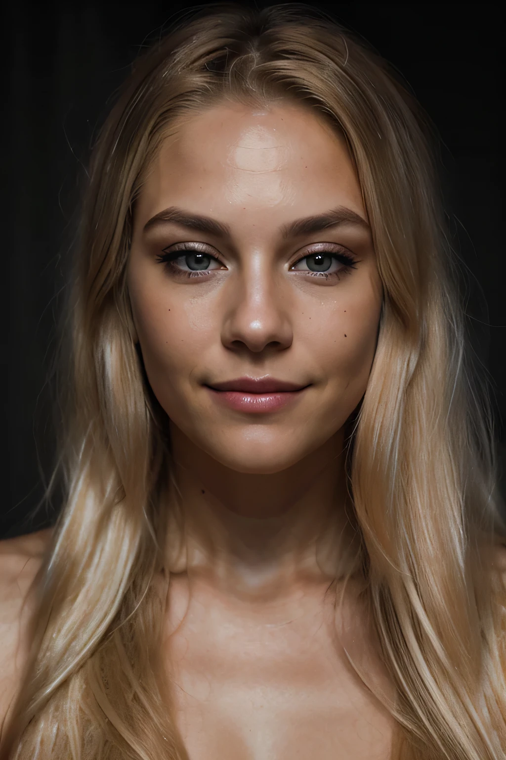 Eye contact of a smiling blonde woman with long hair in her 20s closed mouth, posing sideways, dark theme, uhd, high quality, detailed skin, realistic skin texture, detailled eyes, dramatic, cinematic, makeup
