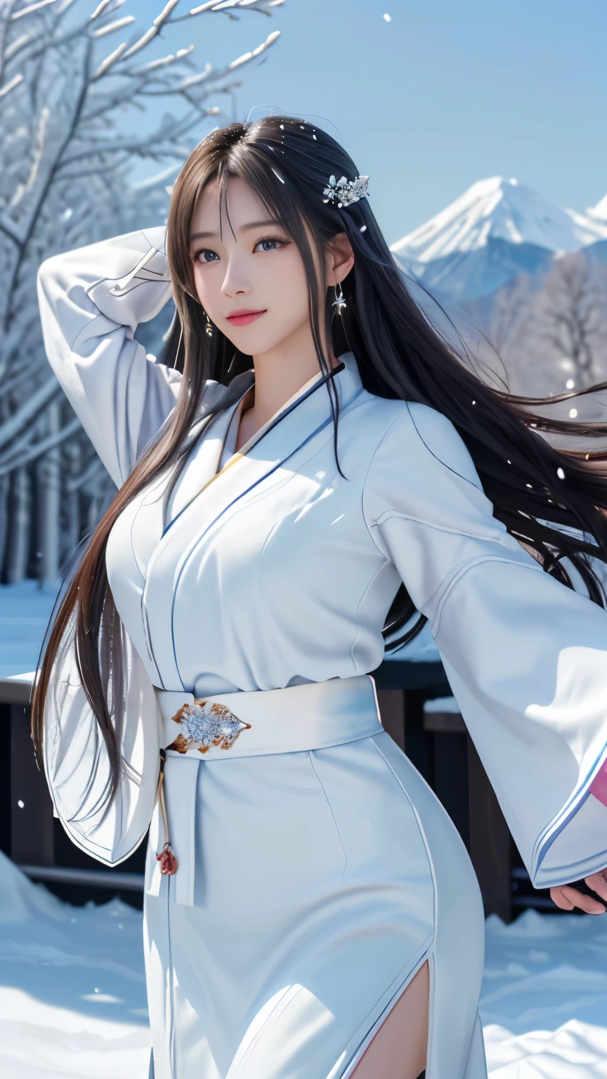 ((logo, masterpiece, 8k, table top, RAW photo, wonderful, 最high quality, Photorealistic and hvery detailed CG integrated 8k wallpaper, high quality, very detailed, Narrative poem, particle effects, dynamic effects, Depth of written boundary, cinematic light, Lens flare, ray tracing, anatomically accurate)), fantasy, 1 beautiful woman, black hair, clear eyes, long hair, beautiful face, real face, 緻密でbeautiful eyes, beautiful skin, ((dancing woman, 優雅にdancing woman, snow sceneの中でdancing woman, 激しくdancing woman)), ((long hairがWindでなびく, long hairが跳ねる, long hairがWindで踊る)), hair jump, jewelry, beautiful eyes, white kimono, white obi, White cherry blossom embroidery pattern, silver earrings, Wind, snow mountainの中で, snow scene, snow mountain, snow makeup, 雪とhoarfrost, snow-capped mountainや森, hoarfrost, snow-capped mountain々, The beauty and brilliance of frost-covered trees, The tranquility and beauty of a world of ice and snow