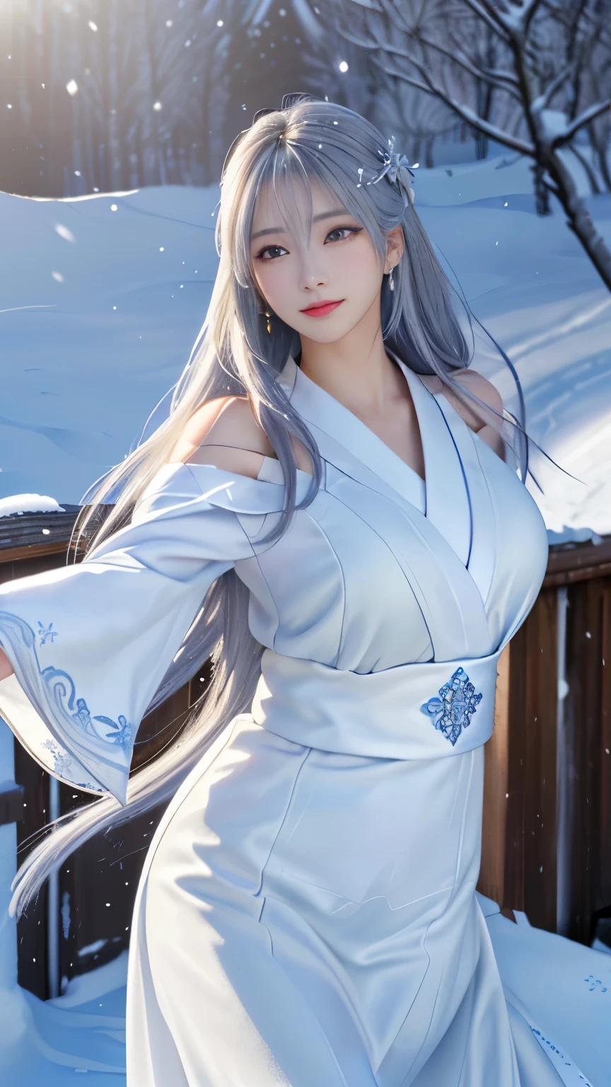 ((logo, masterpiece, 8k, table top, RAW photo, wonderful, 最high quality, Photorealistic and hvery detailed CG integrated 8k wallpaper, high quality, very detailed, Narrative poem, particle effects, dynamic effects, Depth of written boundary, cinematic light, Lens flare, ray tracing, anatomically accurate)), fantasy, 1 beautiful woman, light purple hair, clear eyes, long hair, beautiful face, real face, 緻密でbeautiful eyes, beautiful skin, ((dancing woman, 優雅にdancing woman, snow sceneの中でdancing woman, 激しくdancing woman)), ((long hairがWindでなびく, long hairが跳ねる, long hairがWindで踊る)), hair jump, jewelry, beautiful eyes, white kimono, white obi, White cherry blossom embroidery pattern, silver earrings, Wind, snow mountainの中で, snow scene, snow mountain, snow makeup, 雪とhoarfrost, snow-capped mountainや森, hoarfrost, snow-capped mountain々, The beauty and brilliance of frost-covered trees, The tranquility and beauty of a world of ice and snow