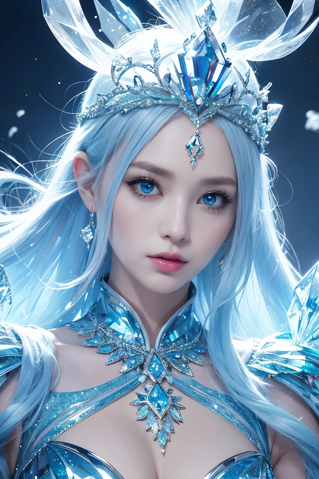 ( absurdly , high quality , Super detailed,See photographer ), Ice Queen,Crystal costume with detailed, beautiful and colorful patterns,ice queen,ice World,fantasy